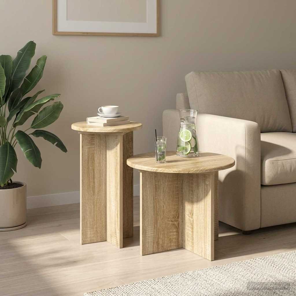 Walplus Pack of 2 Storage Engineered Wood Side Table - Sonoma Oak - 45 x 35 cm