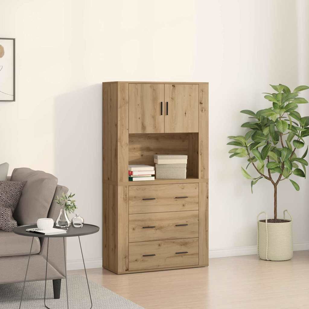 Walplus Engineered Wood 3 Drawer Highboard - Oak - 80 x 33 x 150 cm