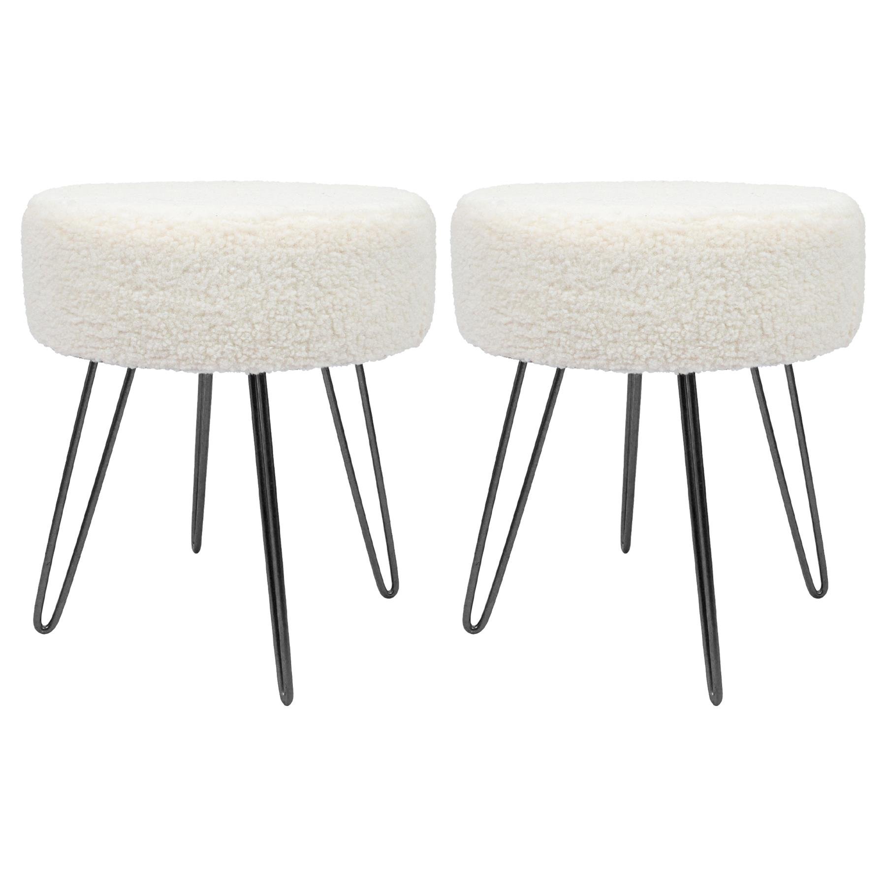 Harbour Housewares Round Velvet Footstool with Black Legs Pack of 2 - Beige