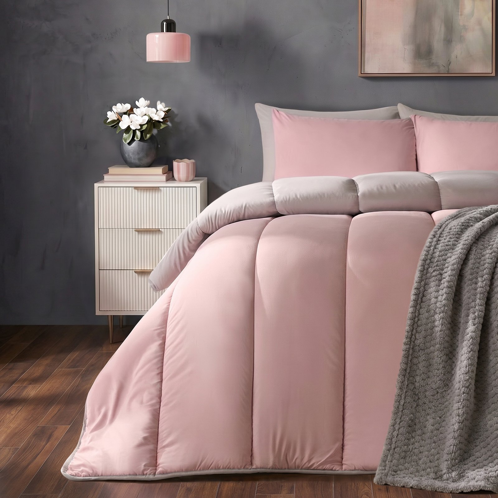 OHS Reversible 10.5 Tog Coverless Duvet Set Bedding - Blush/Grey - King