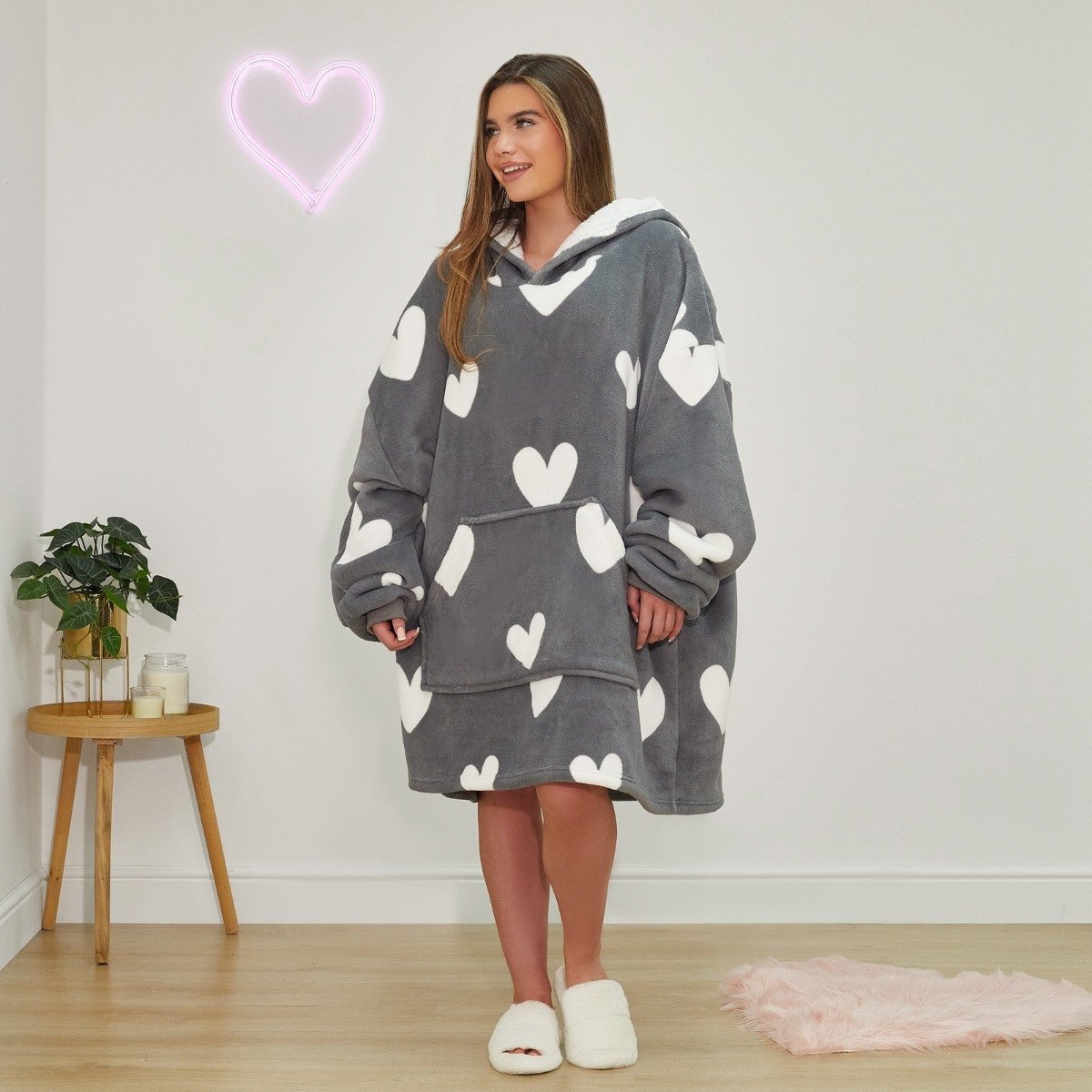 OHS Heart Print Hoodie Blanket - One Size - Charcoal