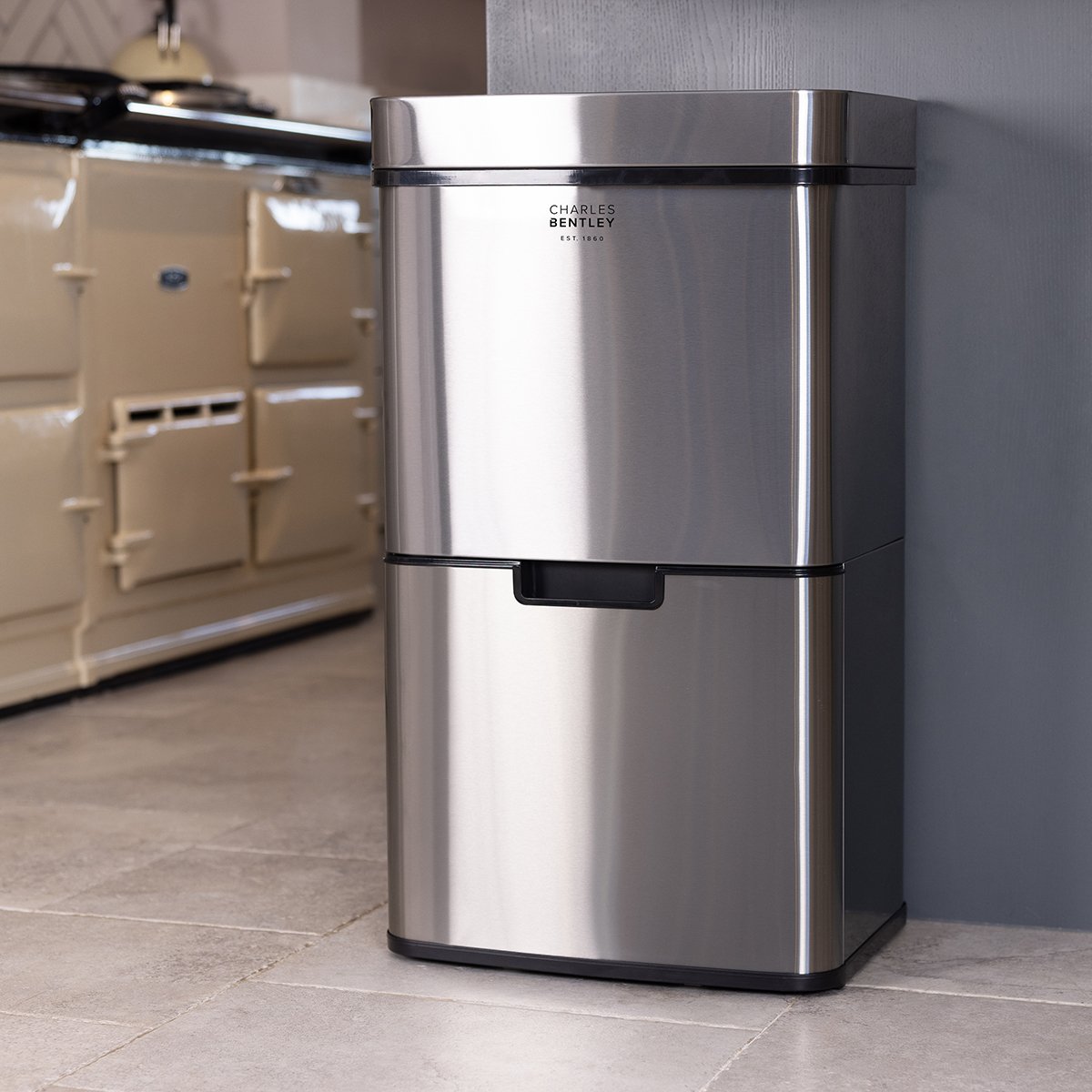 Charles Bentley 62L Triple Compartment Stainless Steel Sensor Waste Bin - Grey