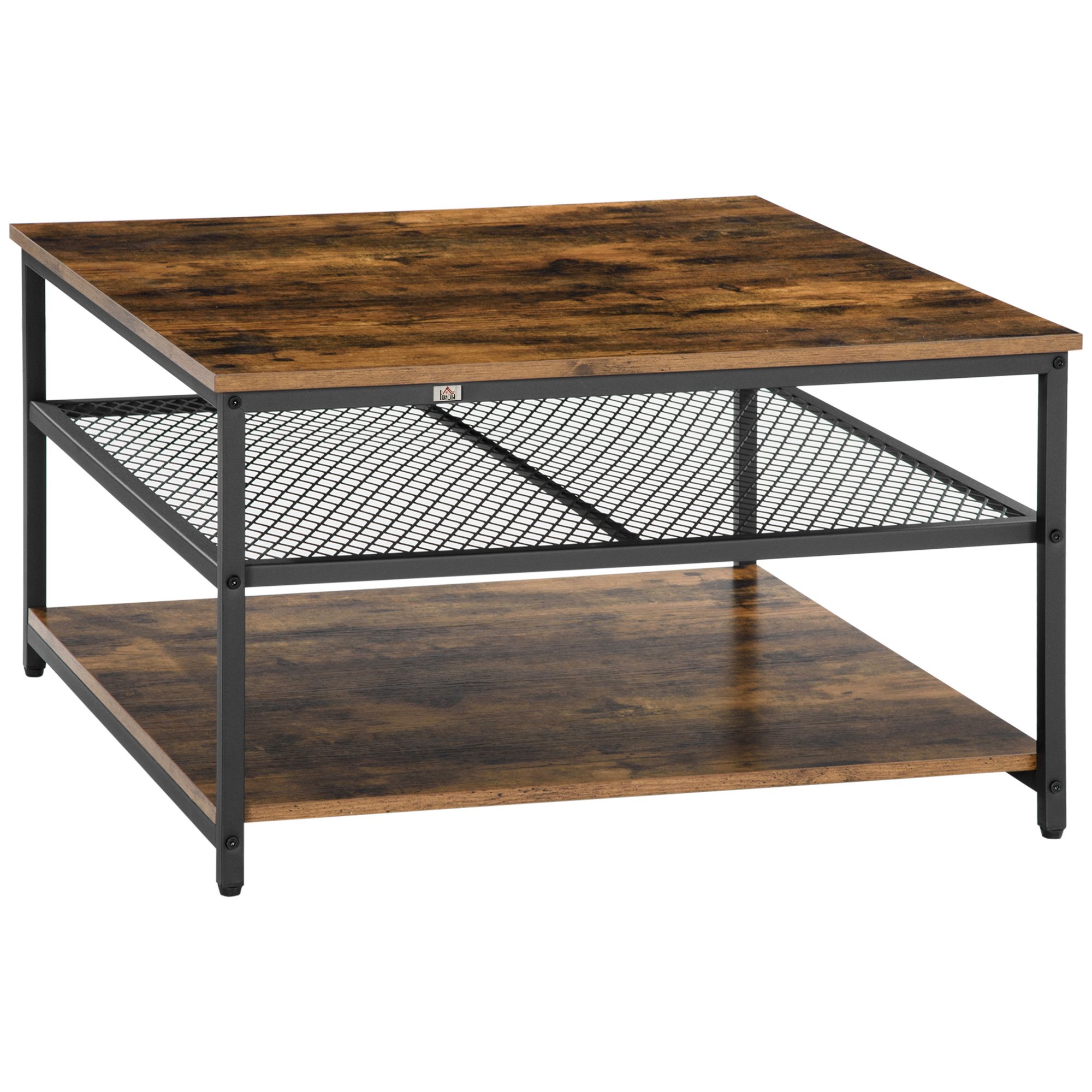 HOMCOM 3 Tier Coffee Table with Storage Shelves - Rustic Brown