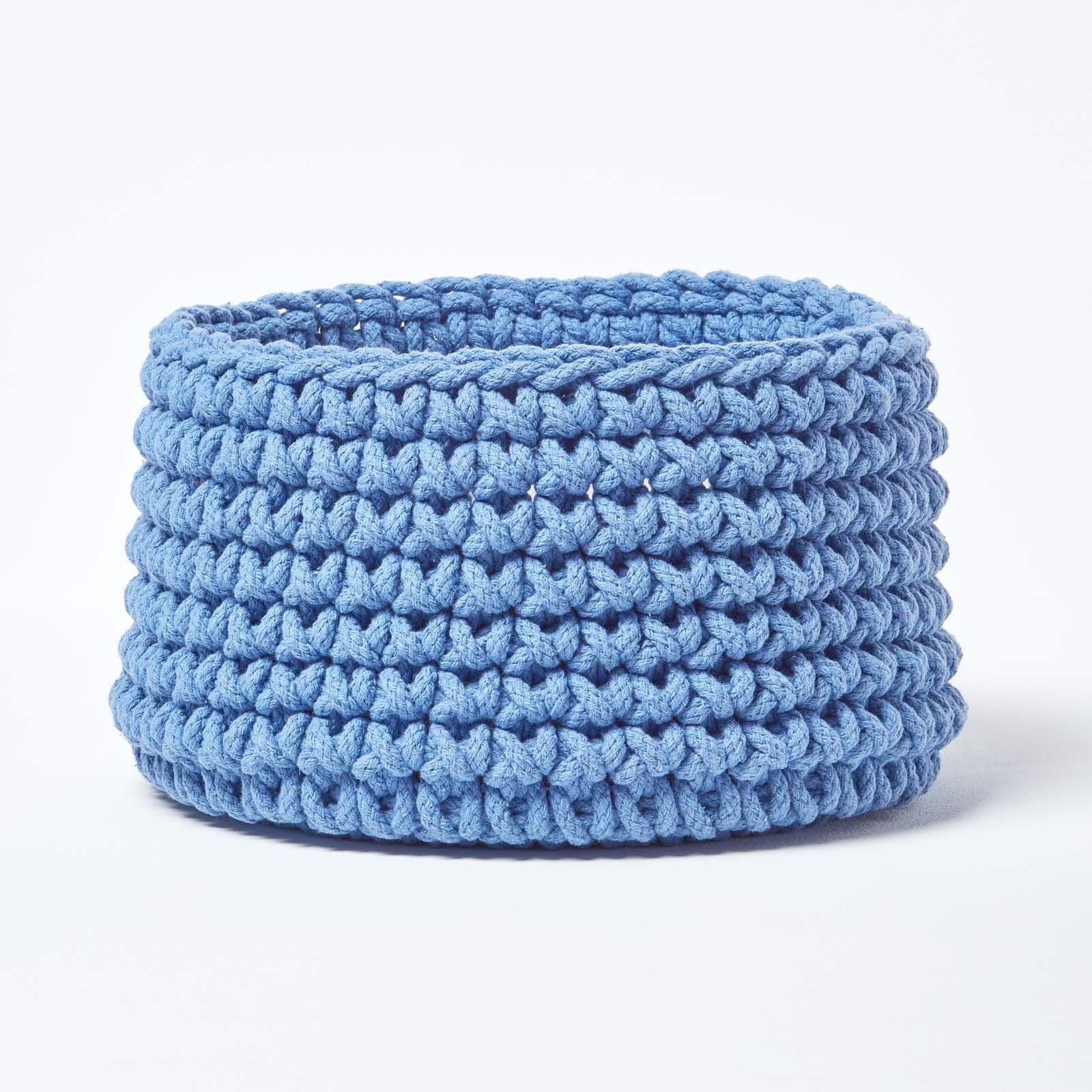 Homescapes Cotton Knitted Round Storage Basket - 37 × 21 cm - Blue