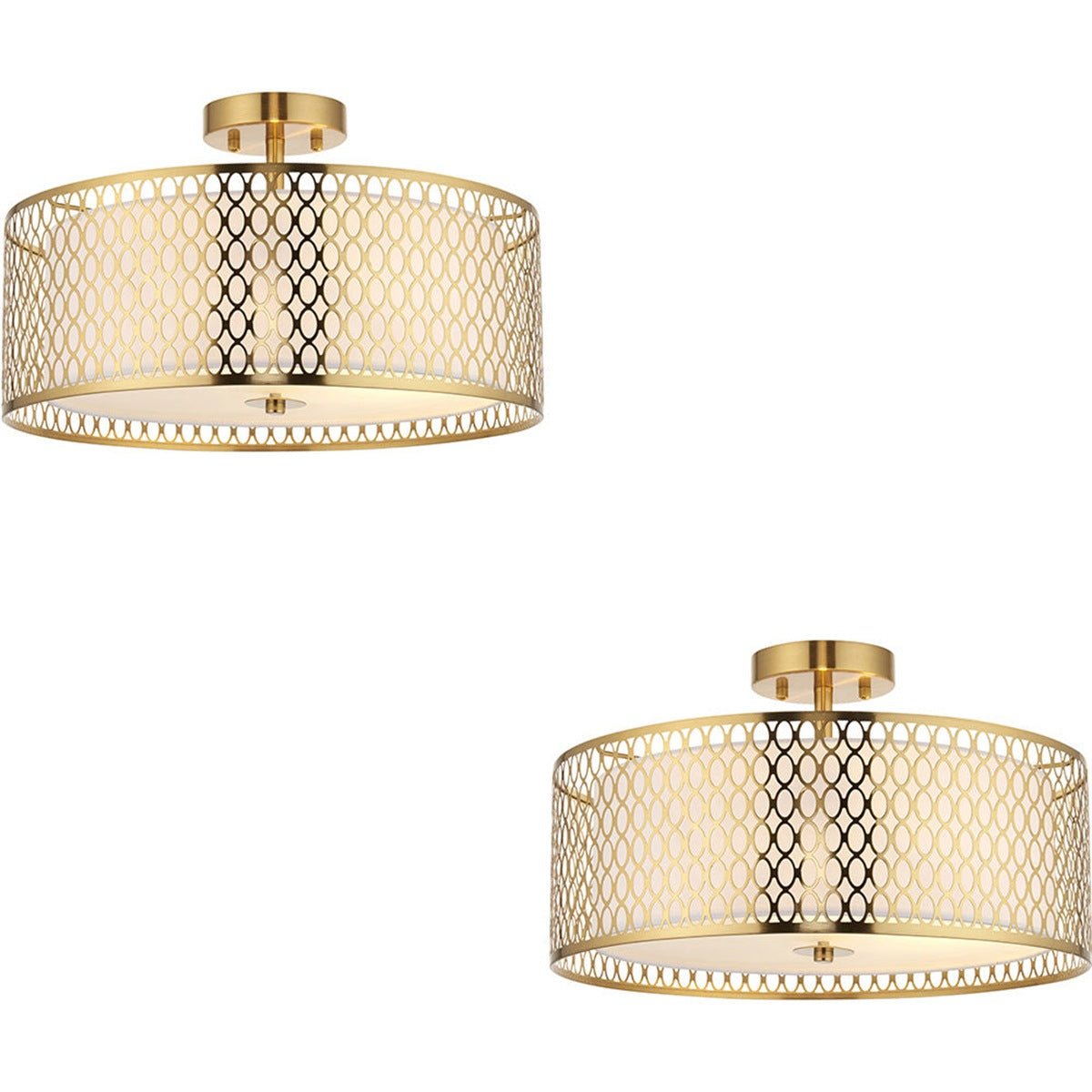 Loops Direct Set of 2 Fabric Glass Semi Flush Ceiling Light - Gold Effect