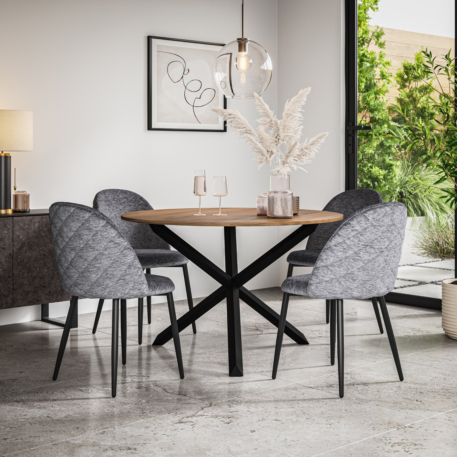 Furniture Online Malvern Oak Effect Dining Table & 4 Raye Grey Chairs