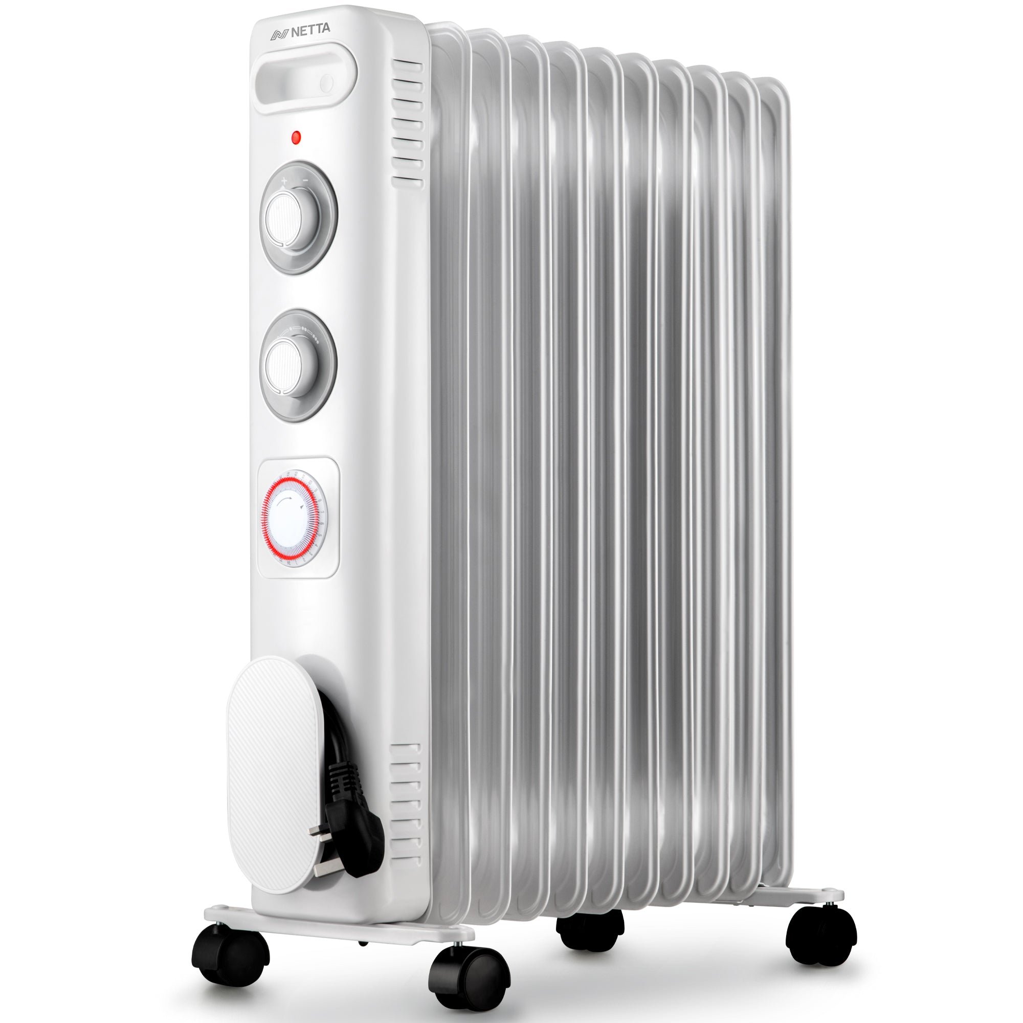 NETTA 2500W Oil Filled Radiator, 24 Hour Timer, Thermostat, 11 Fin - White