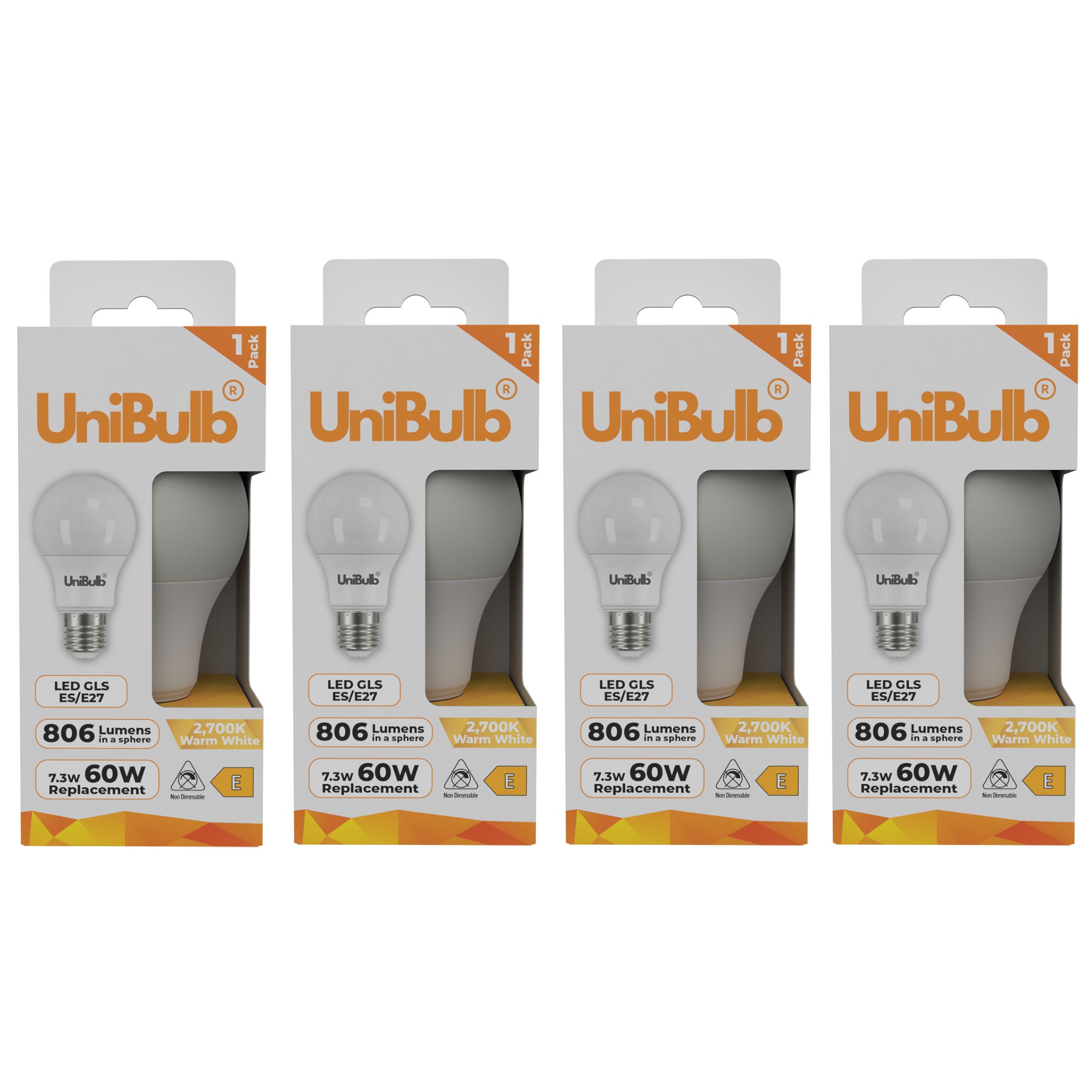 UniBulb 7.3W LED Warm White GLS E27 Light Bulb - Pack of 4
