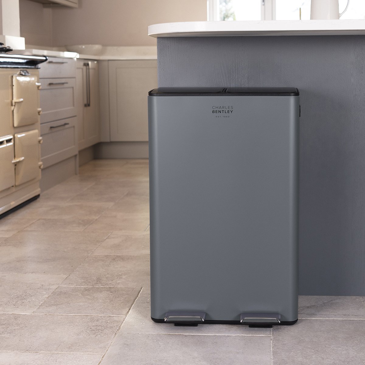 Charles Bentley 60L Double Compartment Kitchen Bin - Grey