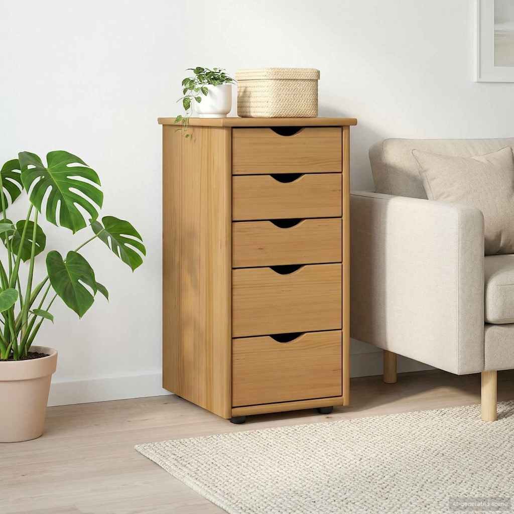 Walplus 5 Drawer Solid Pine Storage Cabinet - Honey Brown - 34 x 39 x 61.5 cm
