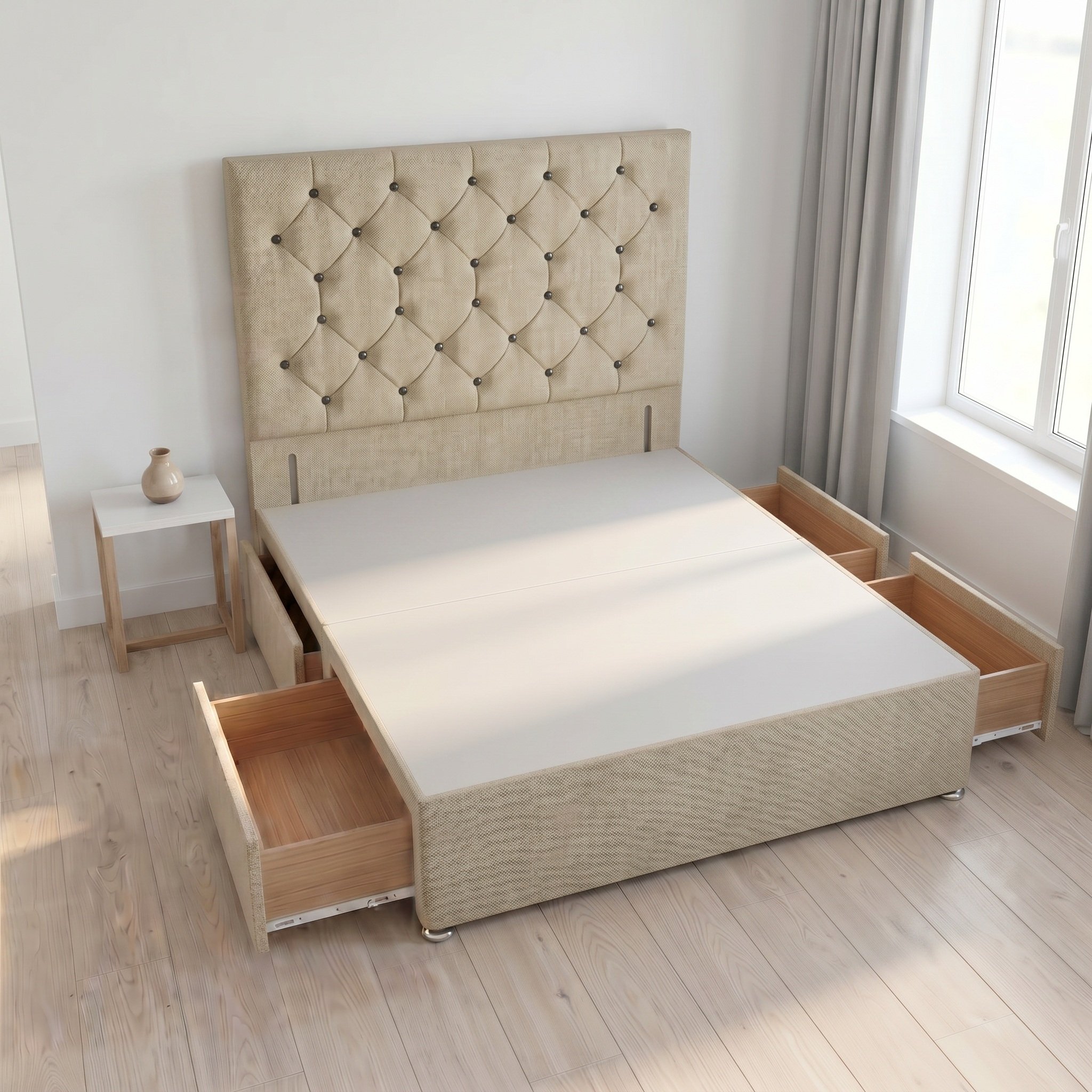 Somnior Diamante Linen 5FT King 4 Drawer Divan Bed Base - Beige
