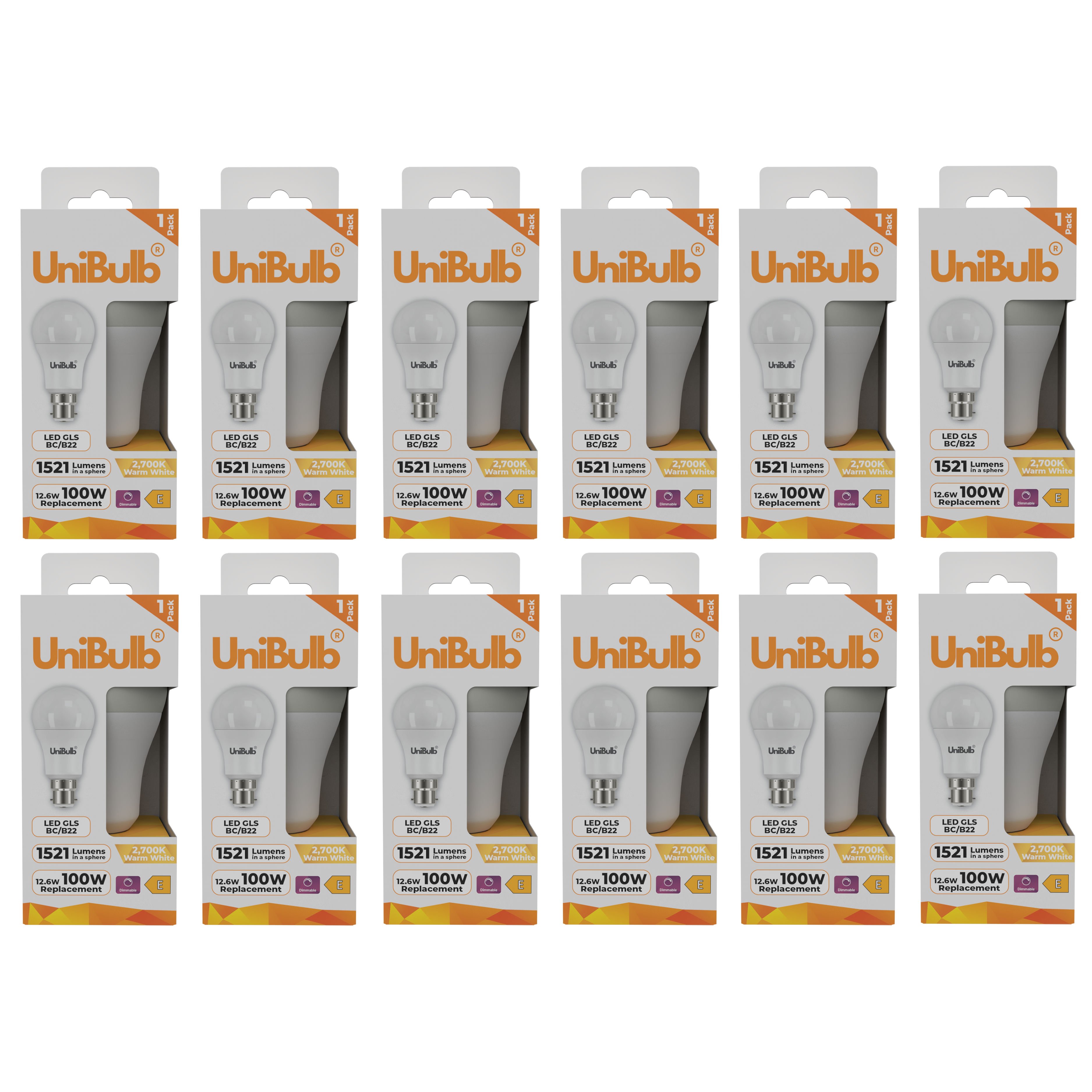UniBulb 12.6W LED Warm White Dimmable GLS B22 Light Bulb - Pack of 12