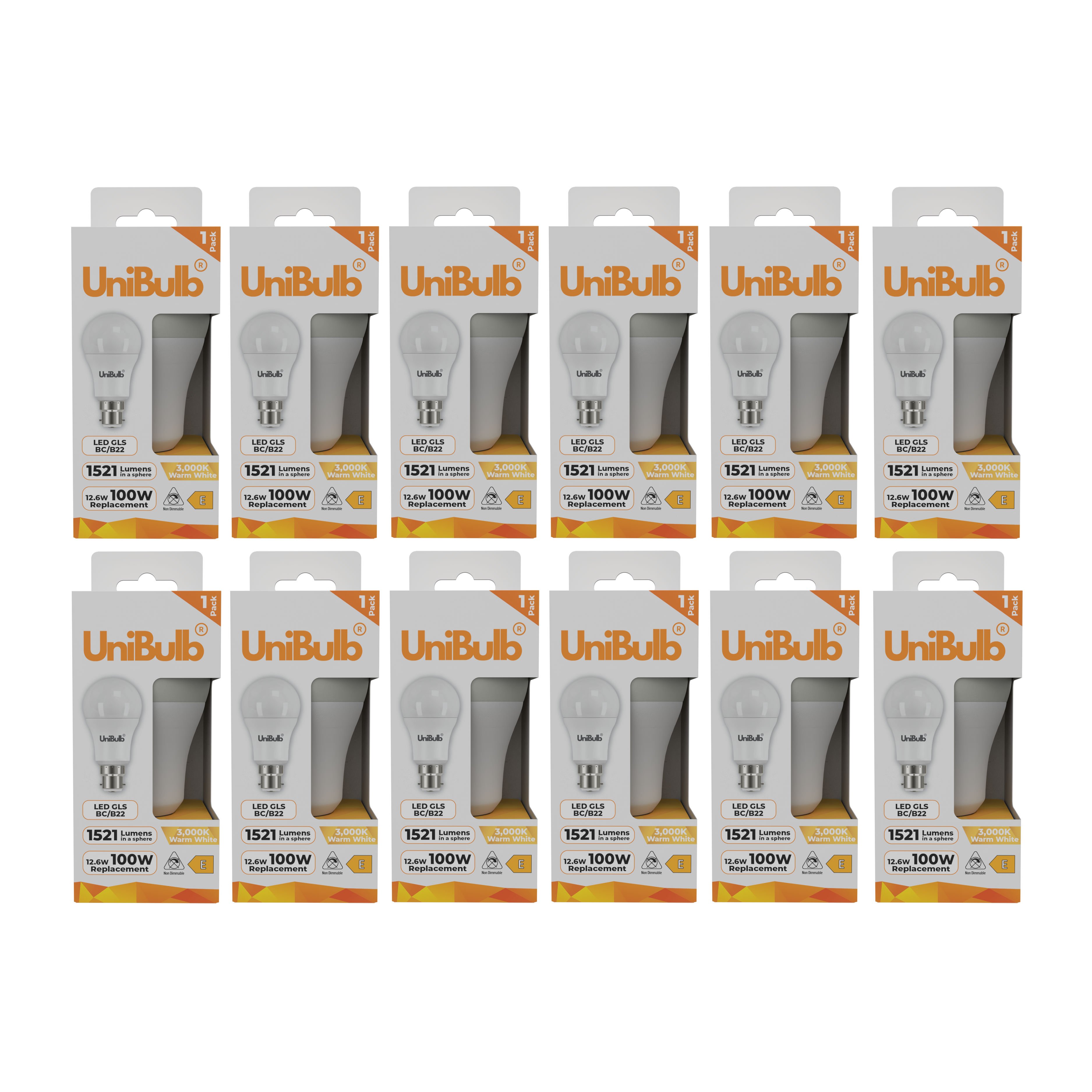 UniBulb 12.6W LED Warm White GLS B22 Light Bulb - Pack of 12