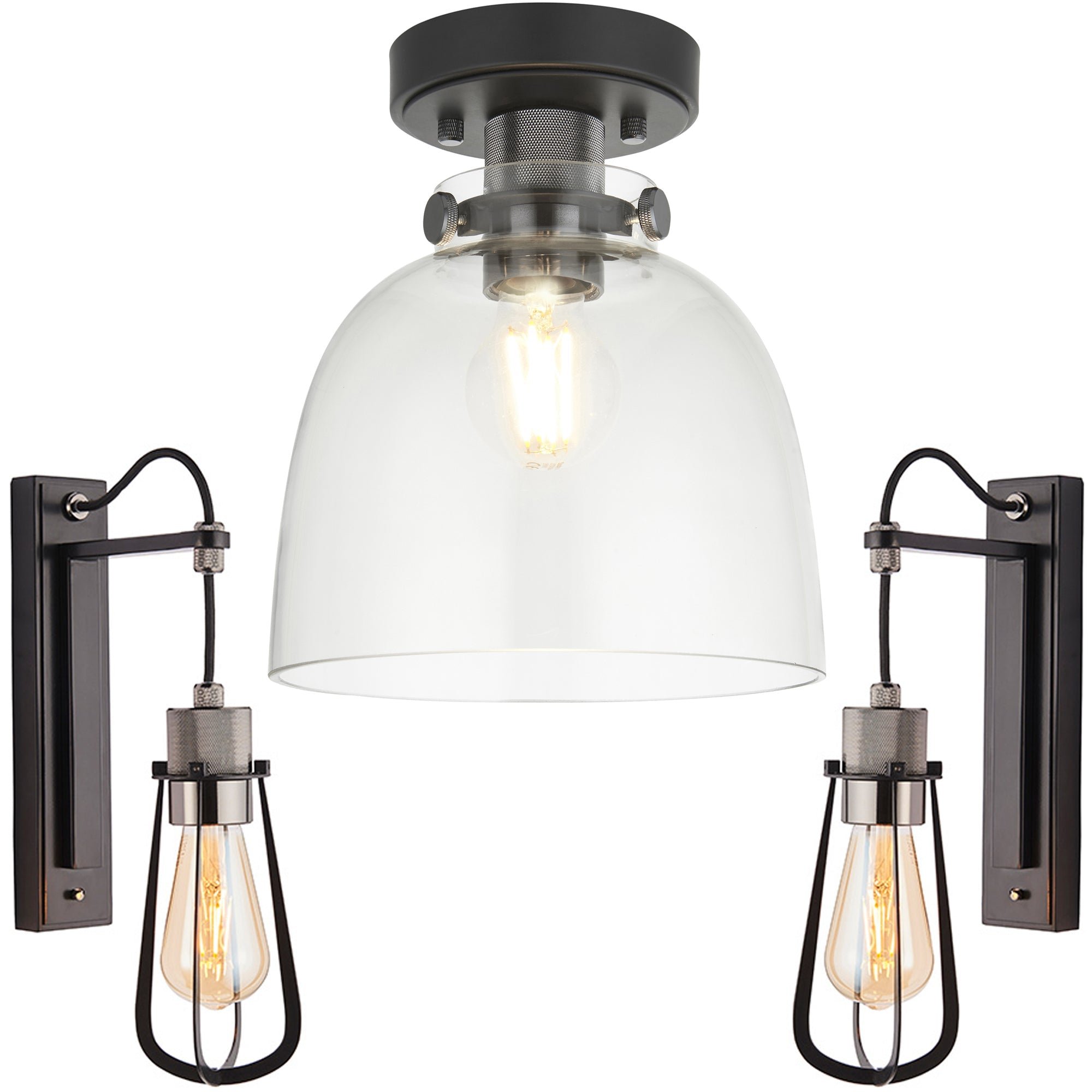 Loops Direct Steel Glass Pendant and 2 Wall Lights - Matt Black