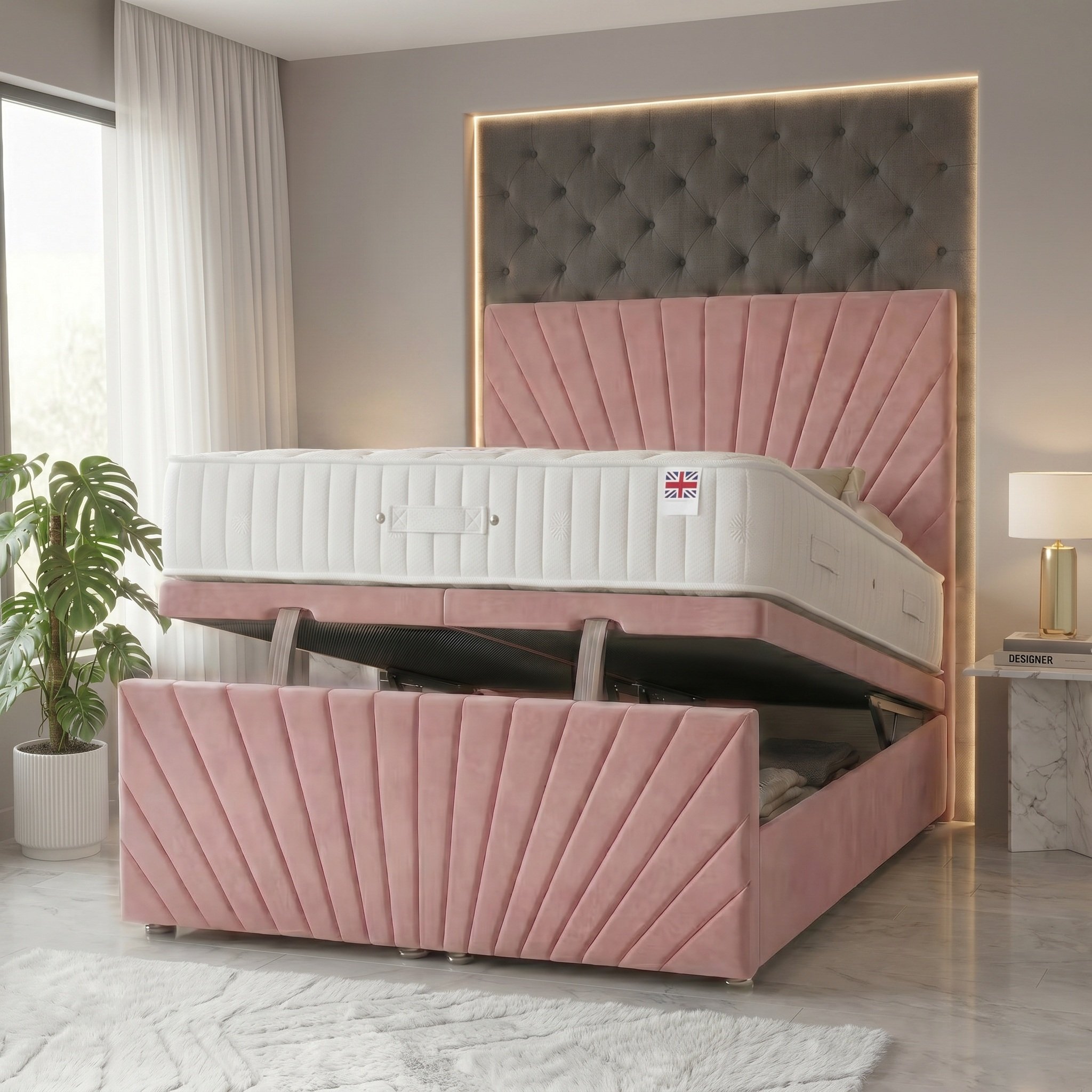 Somnior Velvet King Ottoman Divan Bed with Memory Mattress - Pink