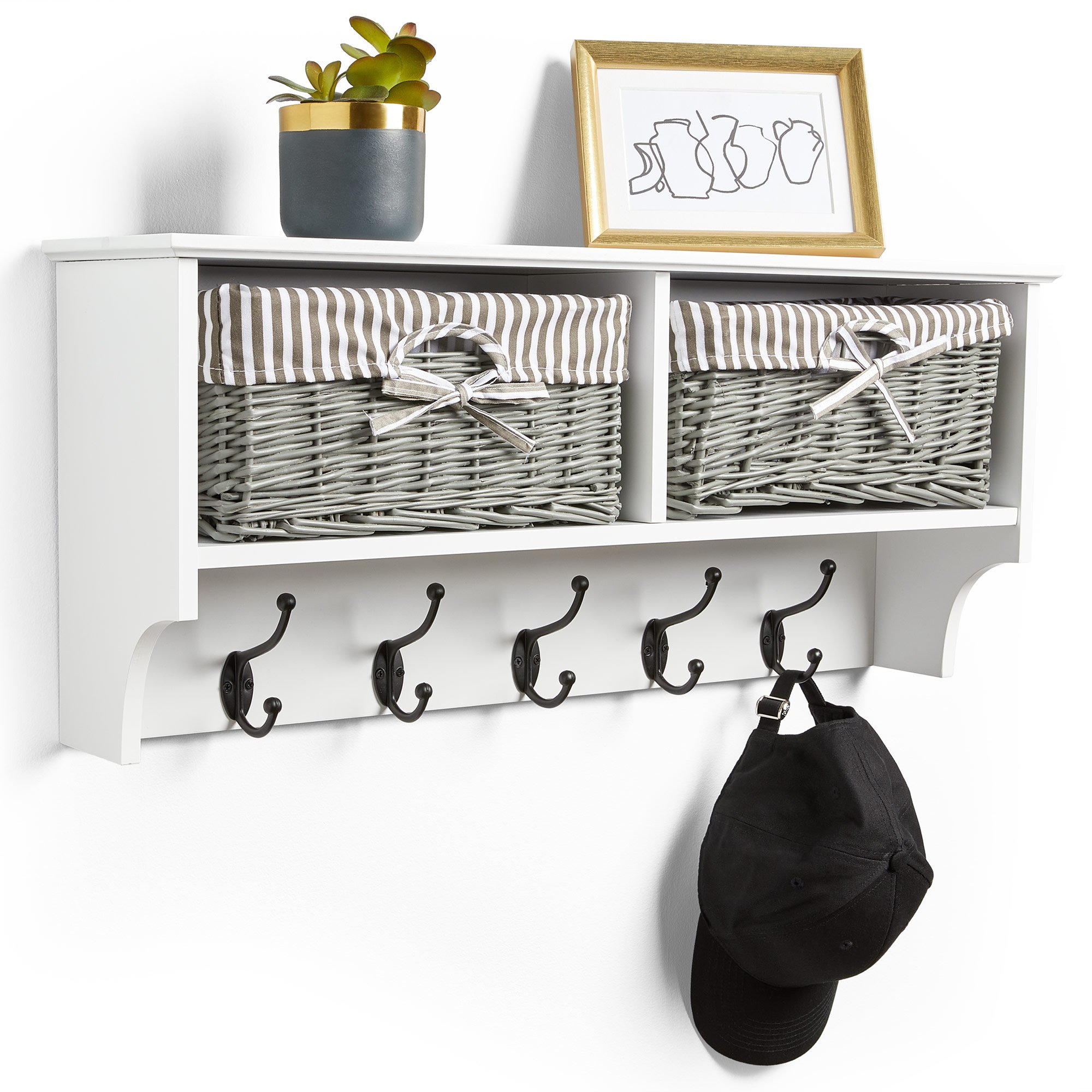 Vonhaus Amory Hallway Coat Hooks Wall Mounted with Baskets - White
