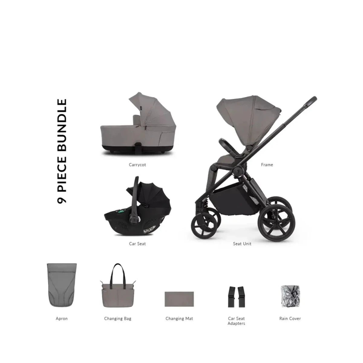Venicci Claro 2 3-in-1 Travel System, 9-Piece - Black/Fog