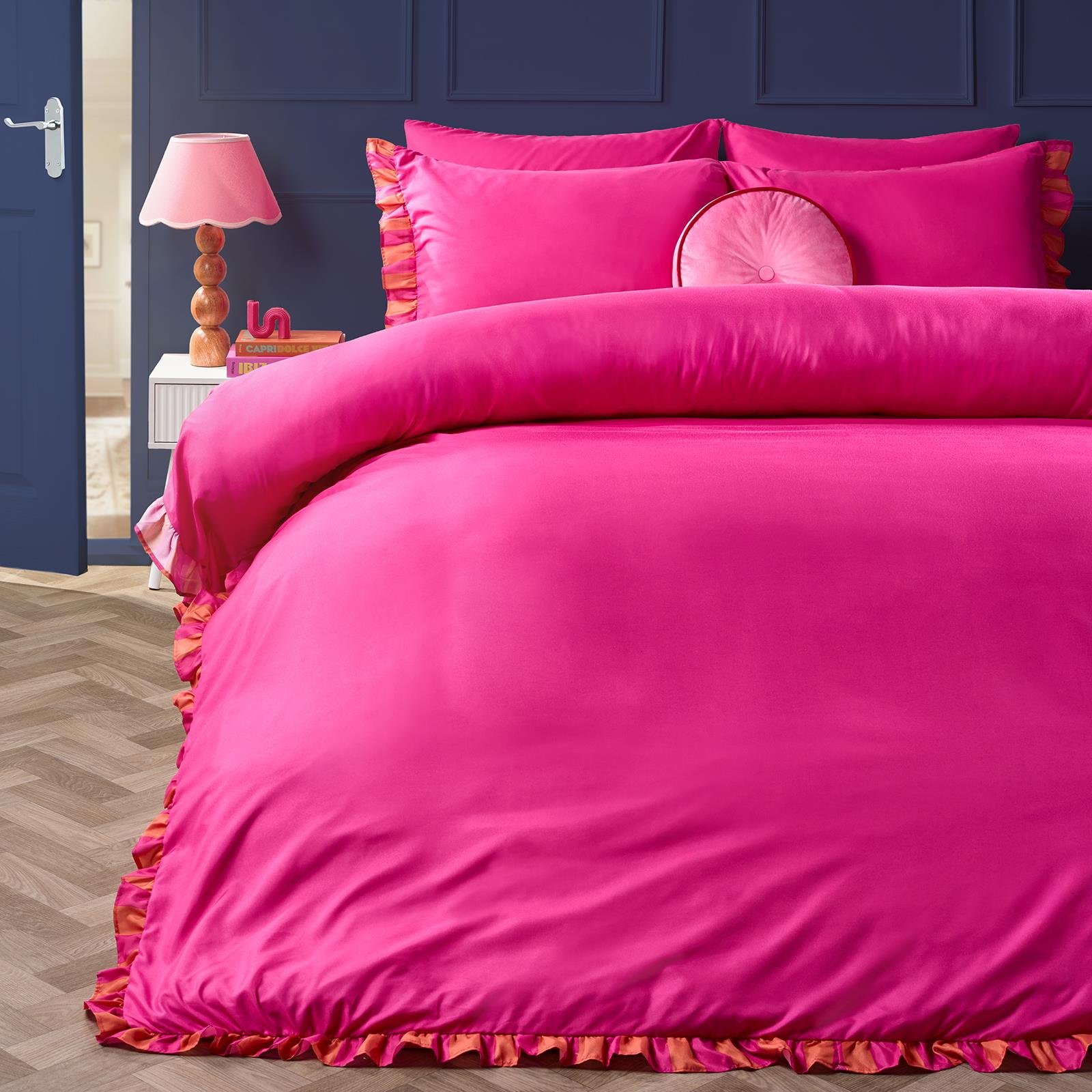 OHS Printed Edge Frill Duvet Cover Set Orange/Pink - Double