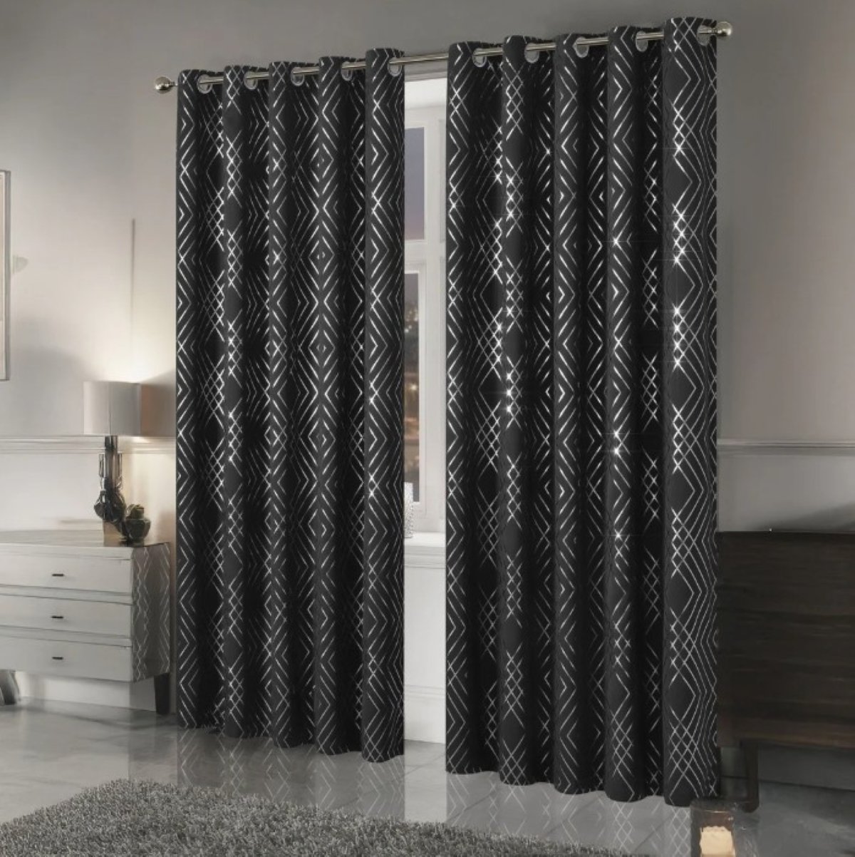 New Edge Blinds Black Geo Sparkle Blackout Eyelet Curtains - 167cm x 137cm