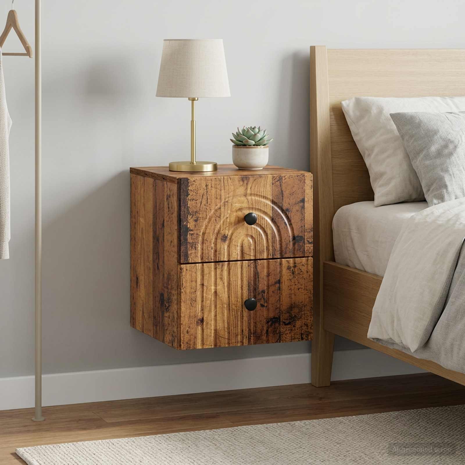 Walplus Pack of 2 Wall Mounted Bedside Cabinet - Dark Wood - 33 x 34.5 x 40 cm