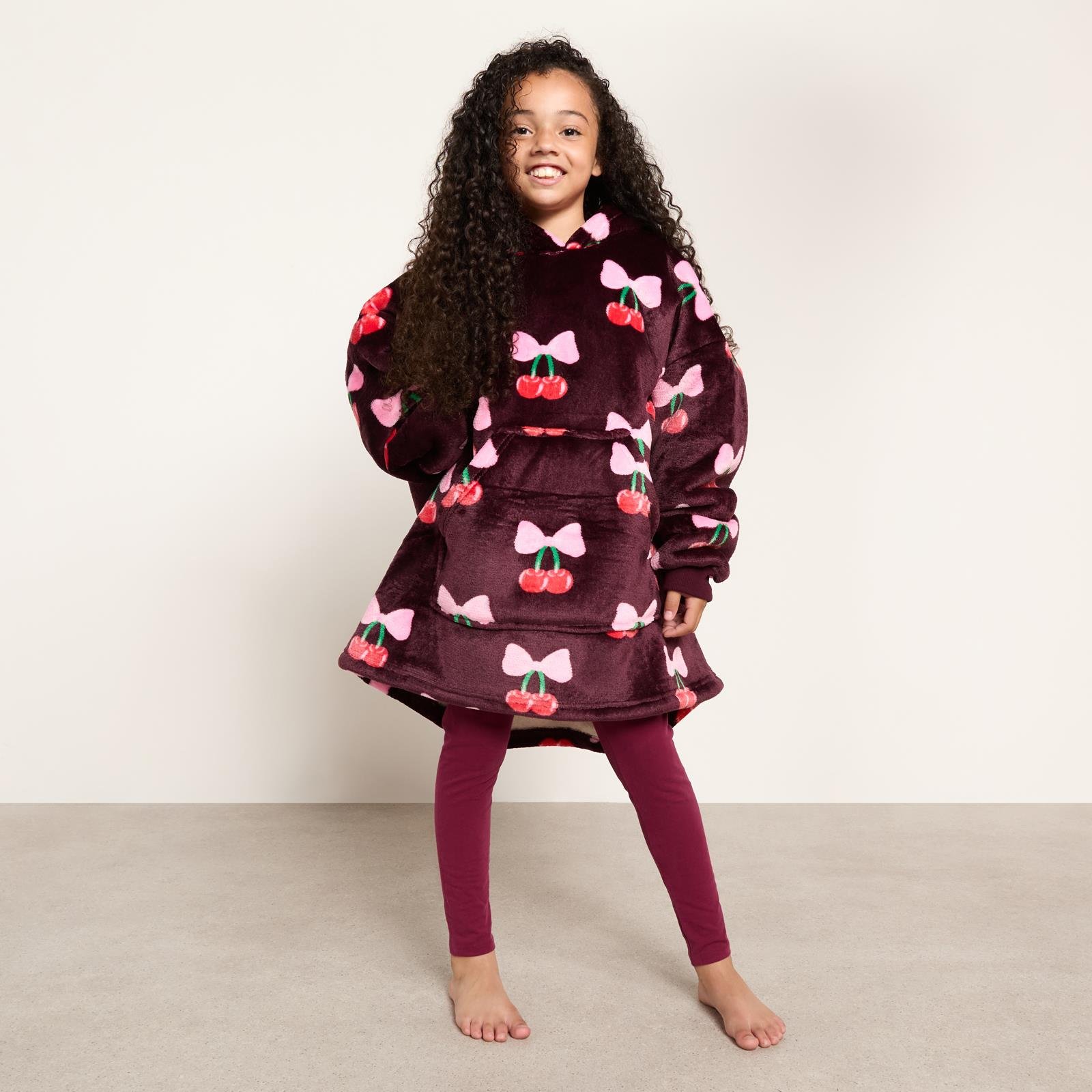 OHS Kids Cherry Bow Print Hoodie Blanket - Burgundy