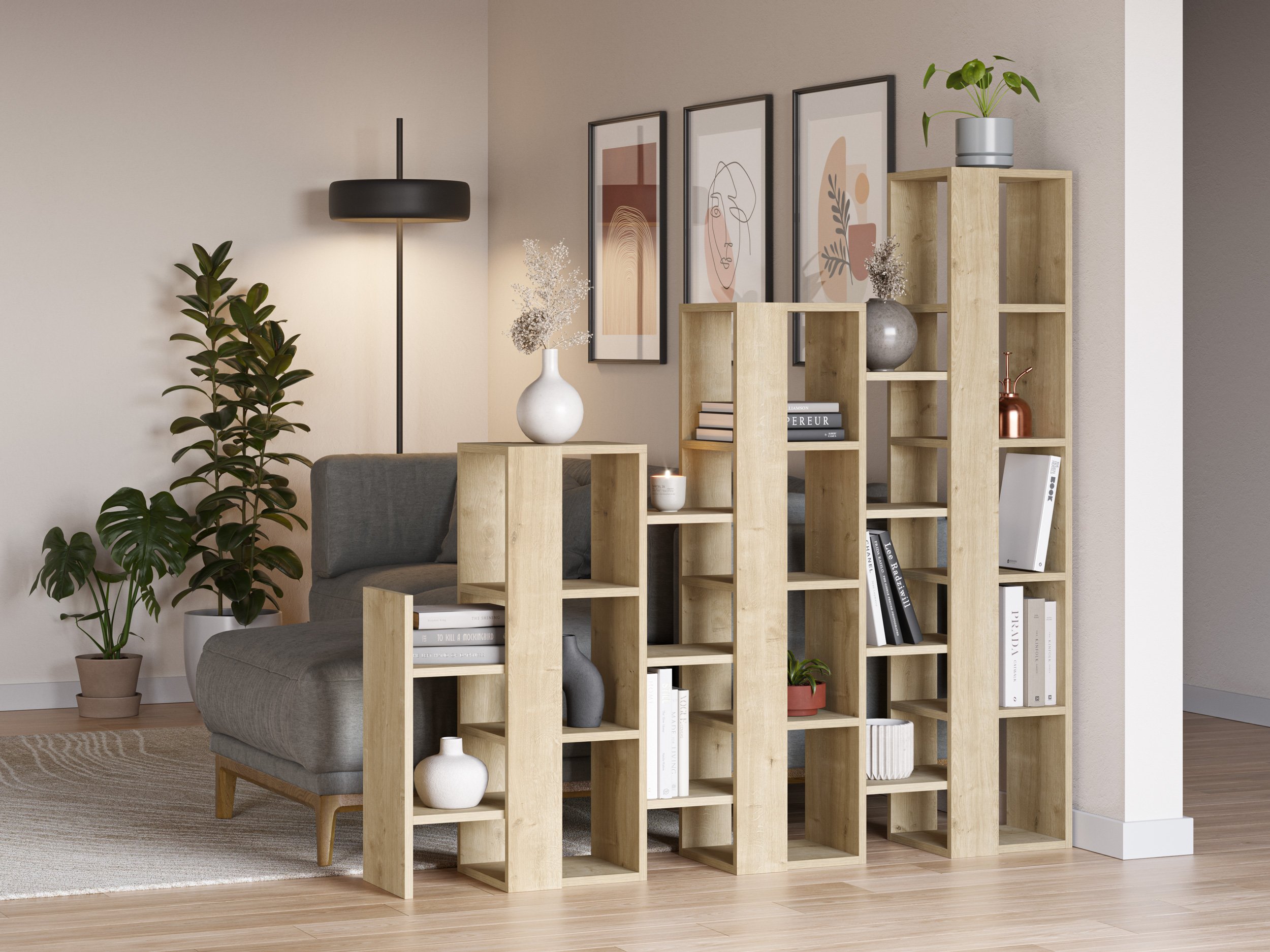 Decortie Lift Separator Stepped Room Divider Bookcase - Oak