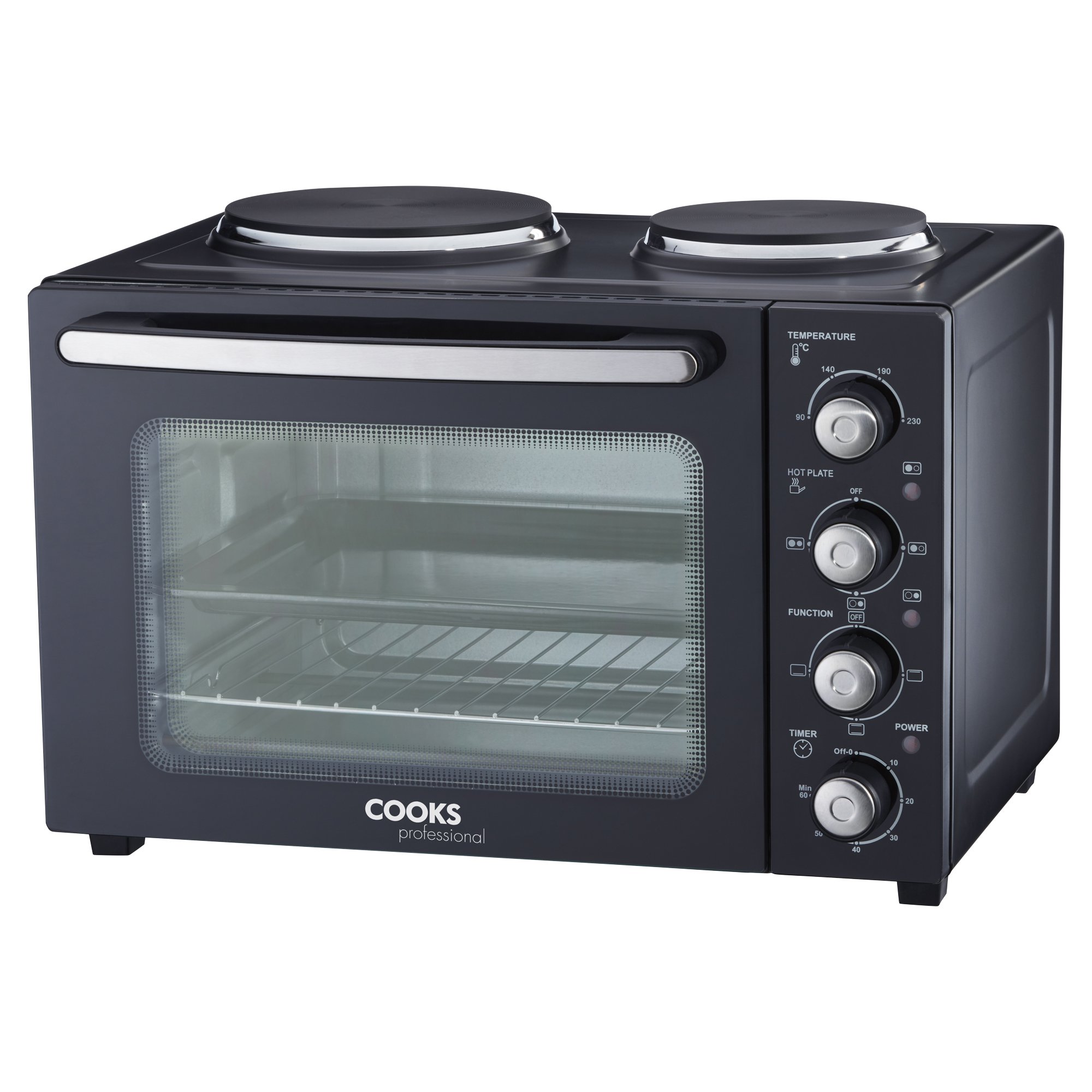 Cooks Professional 34L Mini Oven with 2 Hobs - Black/Silver