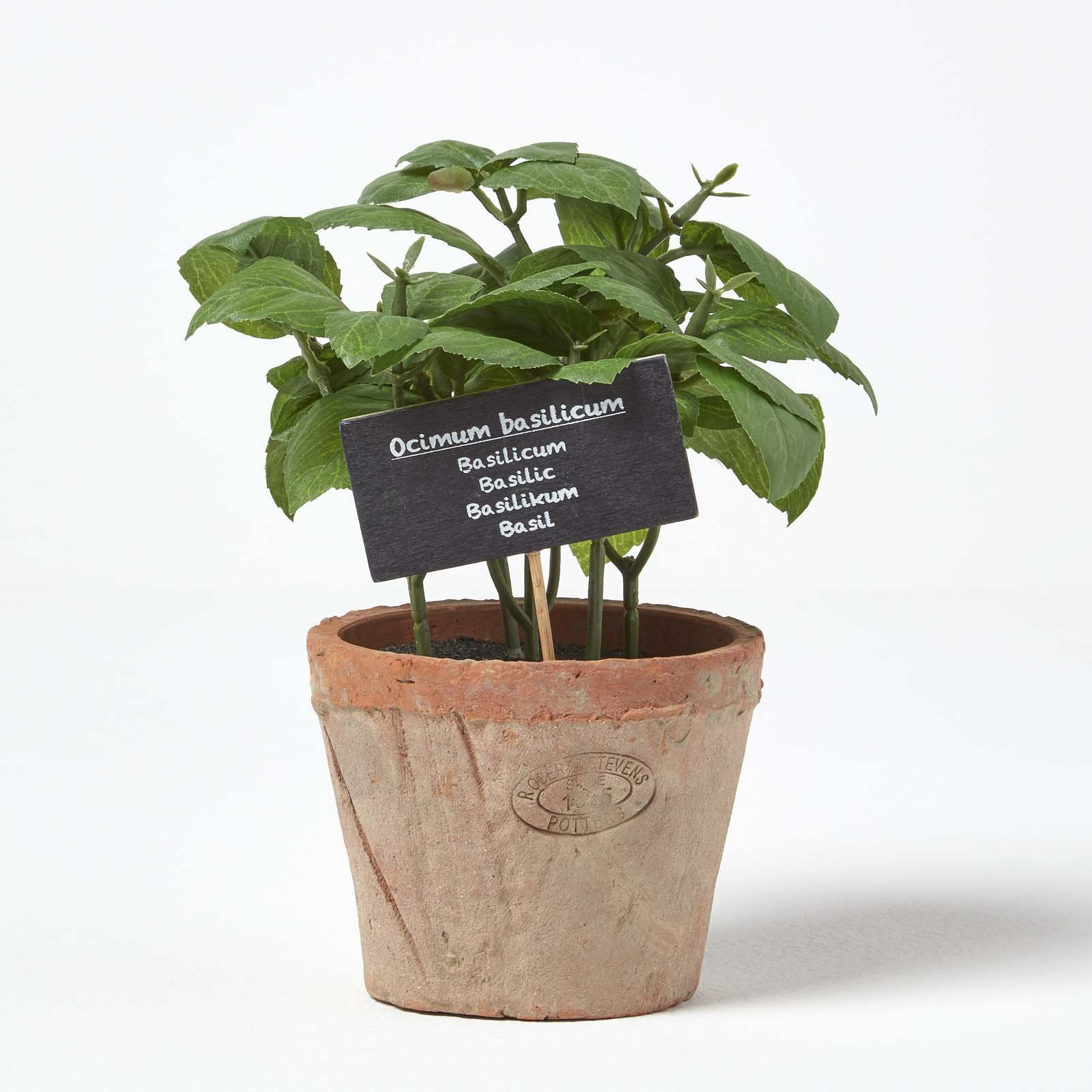 Homescapes Handcrafted Artificial Basil Plant in Aged Terracotta Pot - Orange