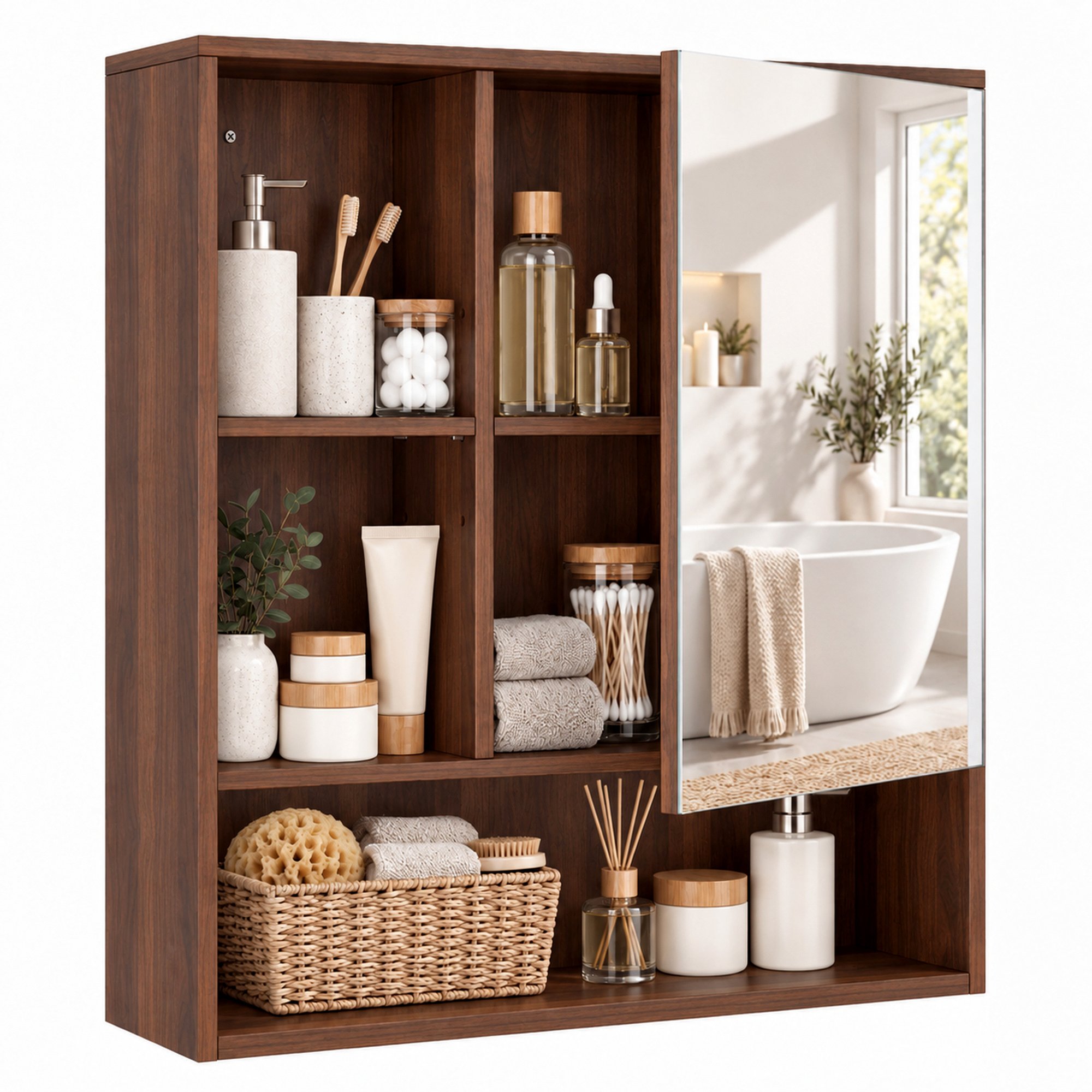 HOMCOM Walnut Adjustable Shelves Bathroom Mirror Cabinet - Brown
