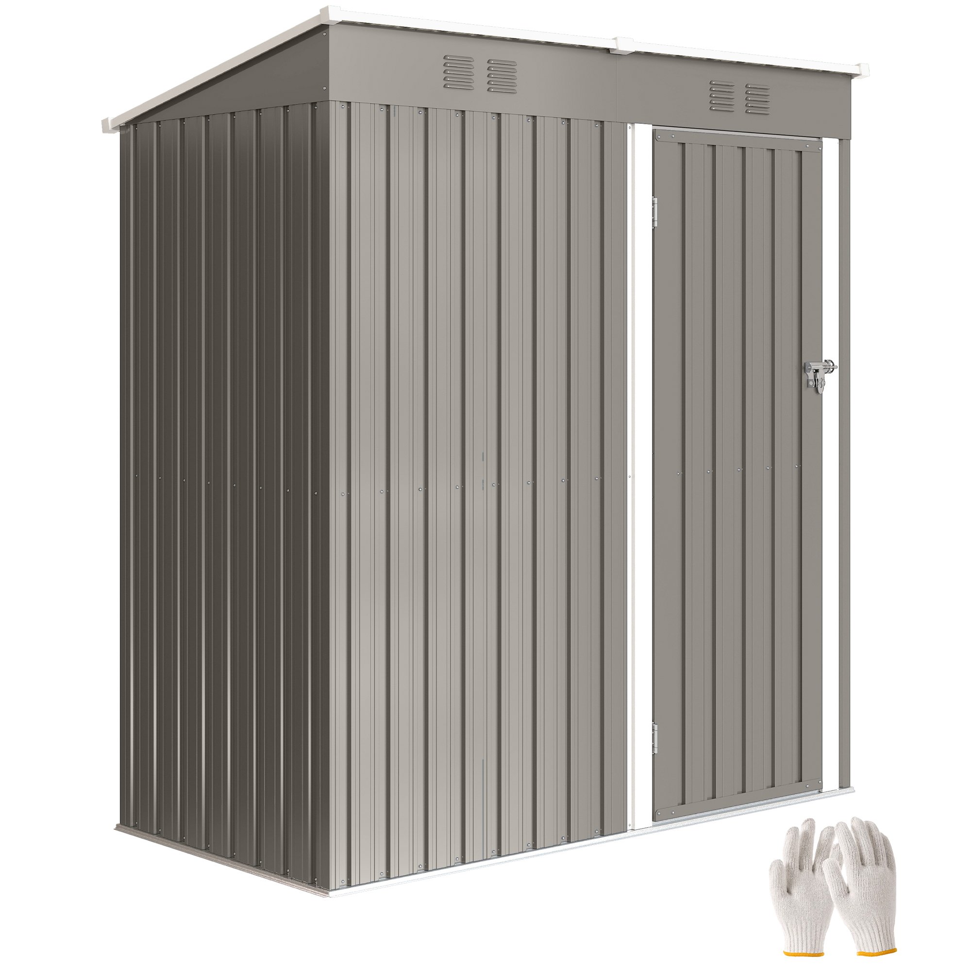 Outsunny 5 x 3ft Lean-To Lockable Ventilated Metal Garden Shed – Light Grey