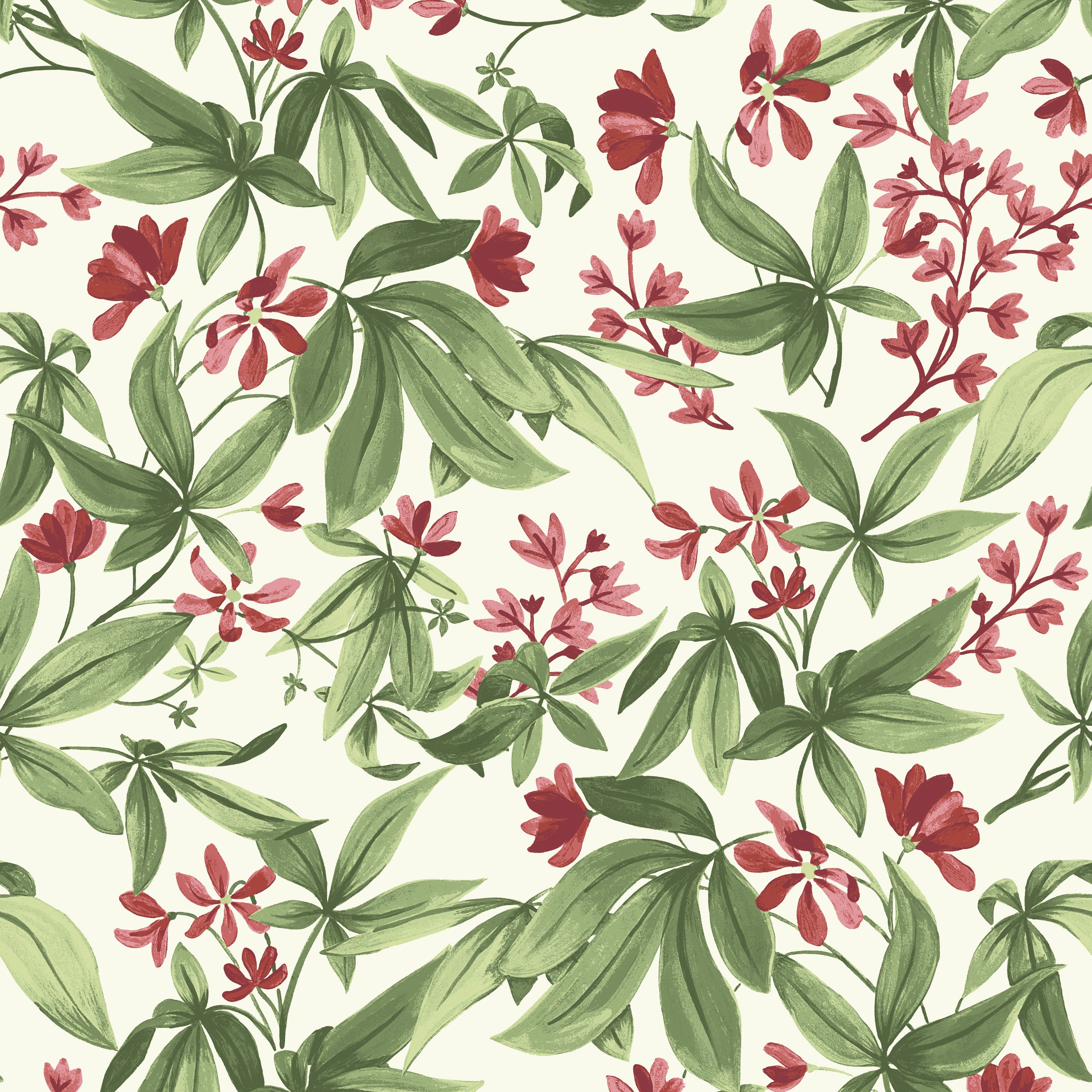 Grandeco Morgan Hand painted Leaves Flowers Textured Wallpaper - Deep Red Green