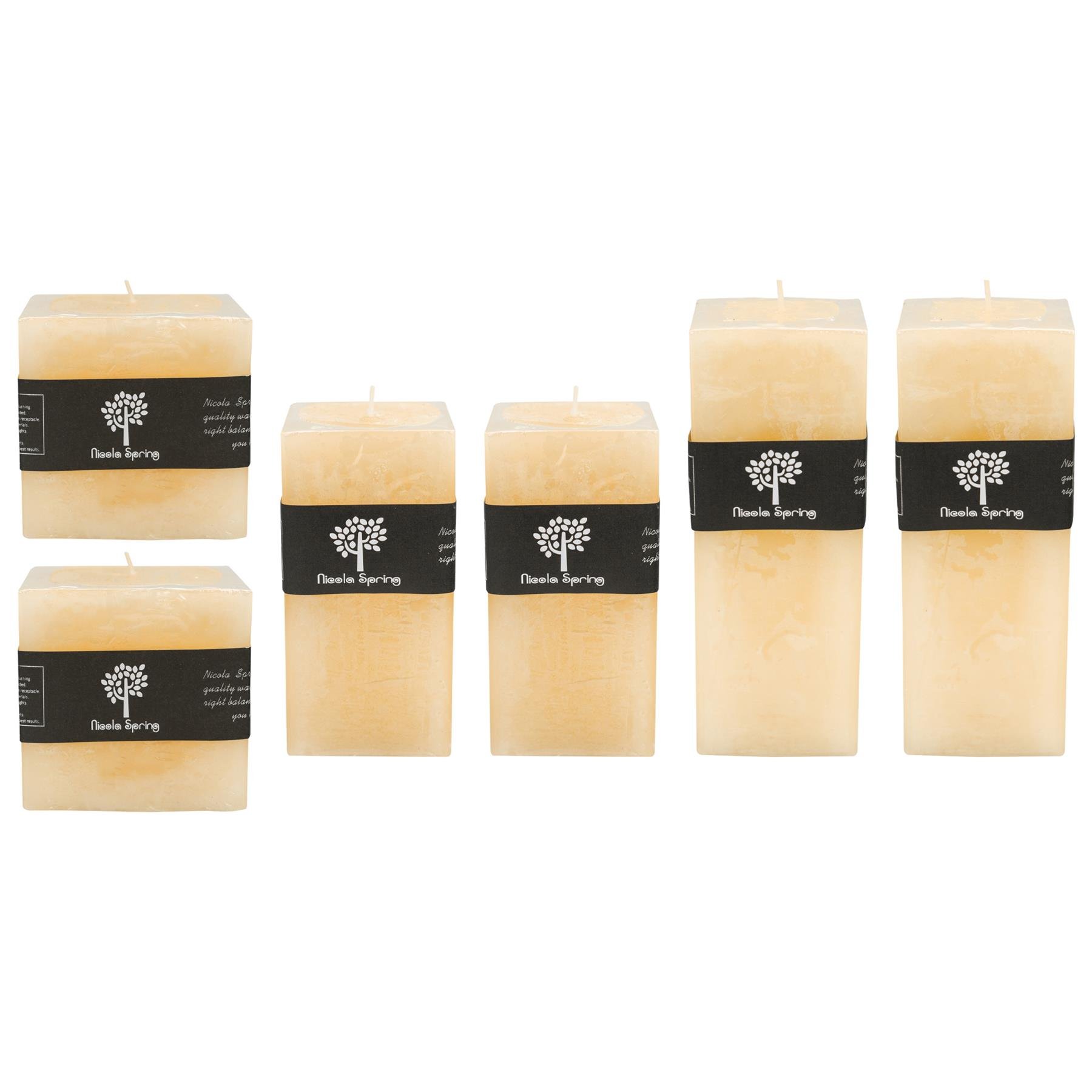 Nicola Spring Pack of 6 Square Vanilla Pillar Candles 3 Sizes - Cream