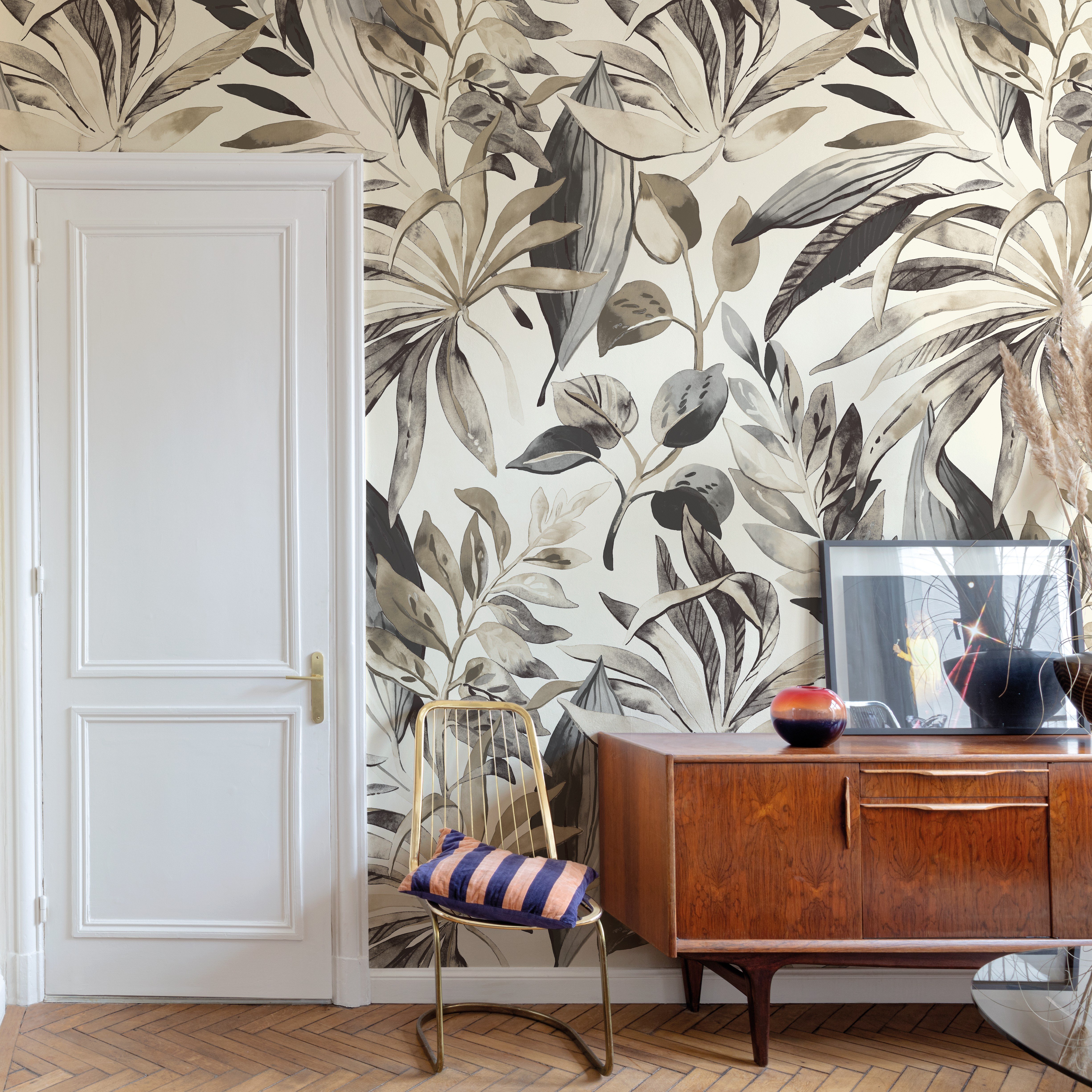 Grandeco Inky  Jungle Leaves 3 Lane Repeatable Wallpaper Mural   - Beige
