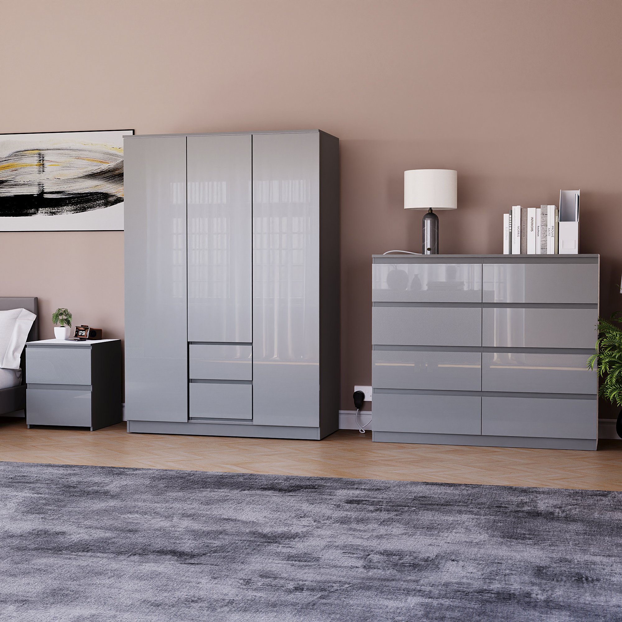 Vida Designs Glinton Bedroom Set (Bedside, 8 Drawer Chest, 3x2 Wardrobe) - Grey