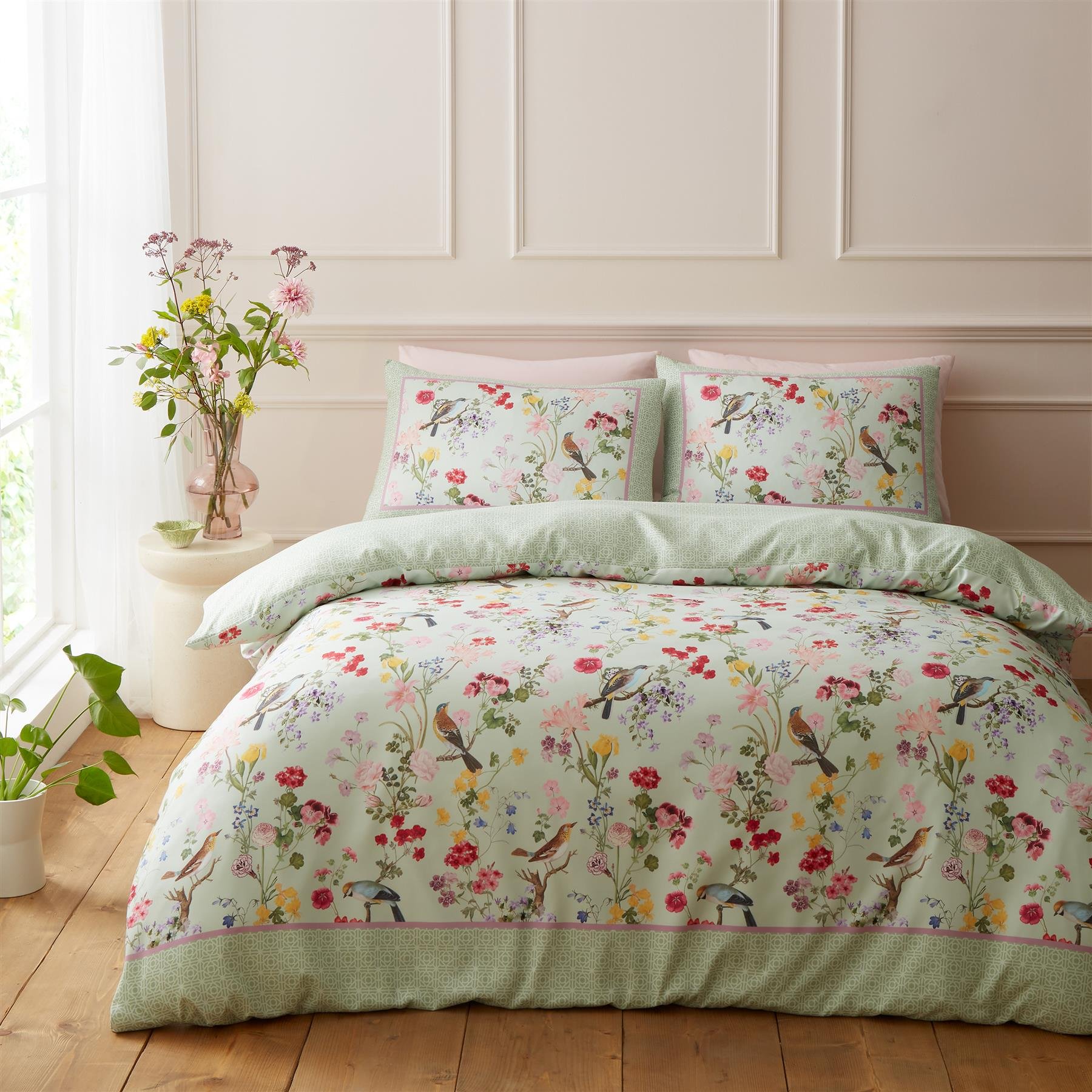 RHS x Catherine Lansfield Birds In Bloom Duvet Cover Set - Super King - Green