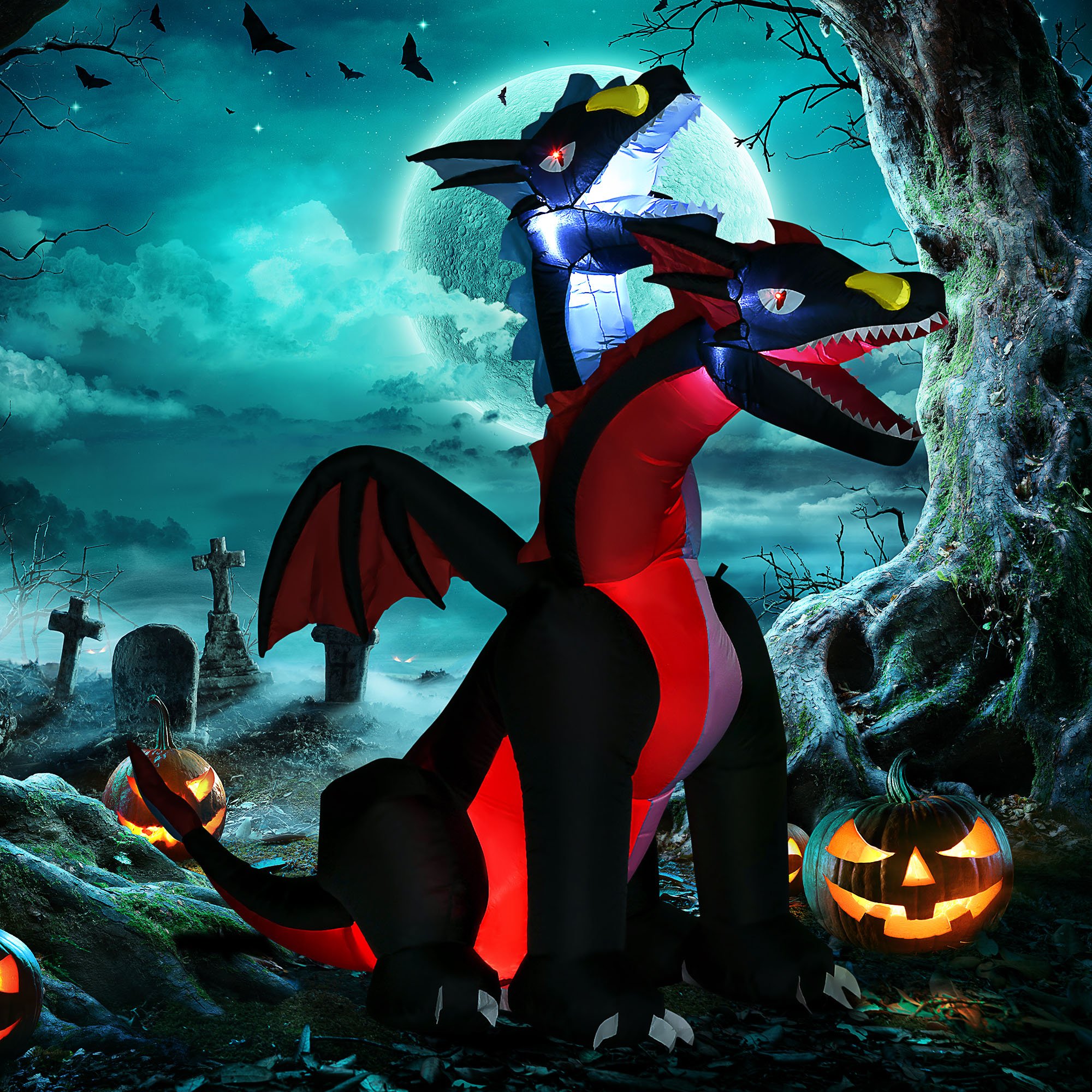 HOMCOM 7ft Halloween Two Headed Dragon Inflatable Decoration