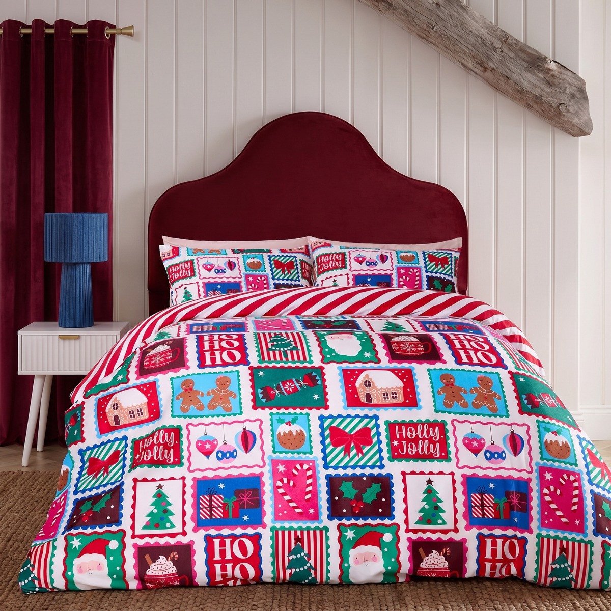 OHS Postcard Print Reversible Duvet Cover Set - Xmas - Double