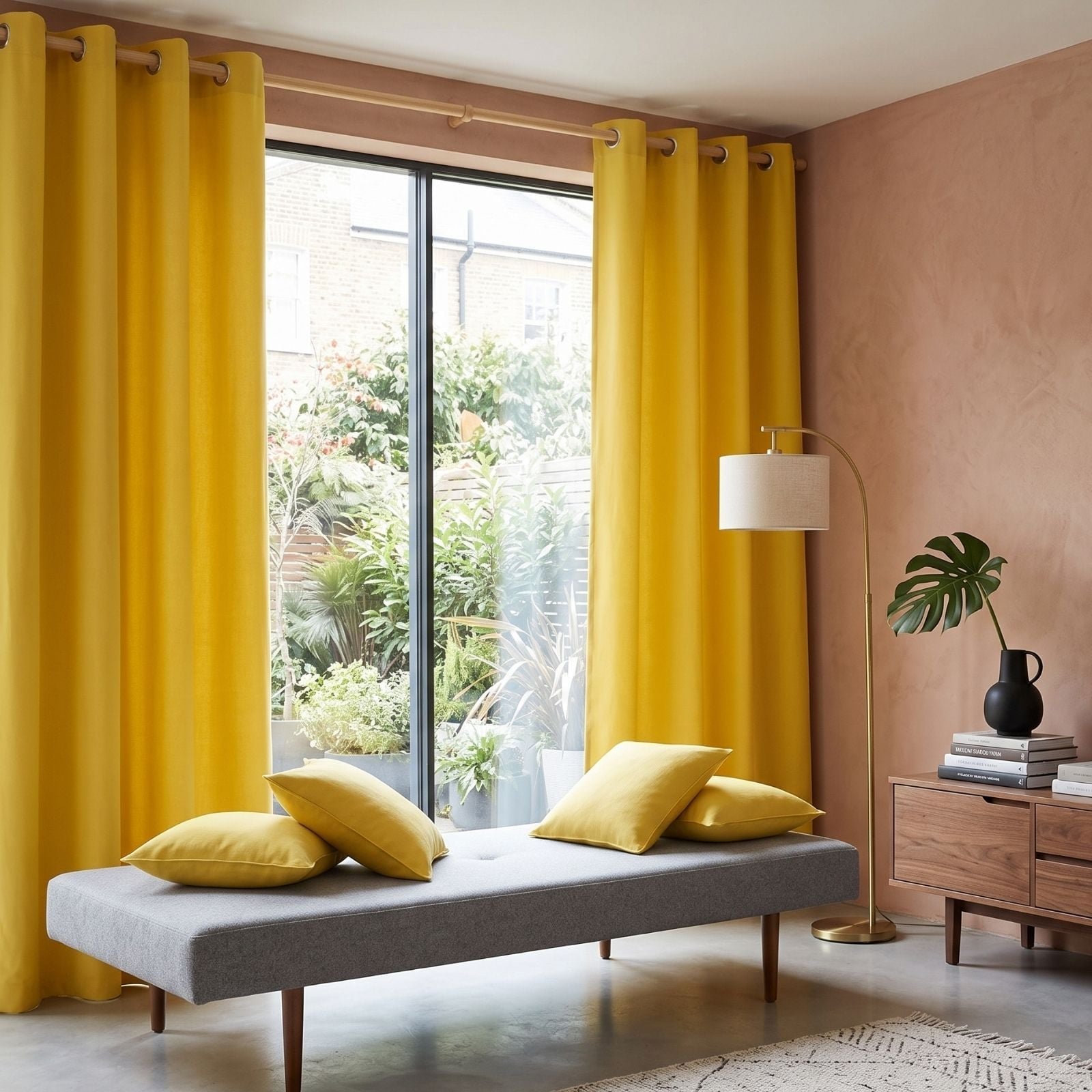 Homescapes Yellow Plain Cotton Eyelet Curtains - 137cm x 182cm