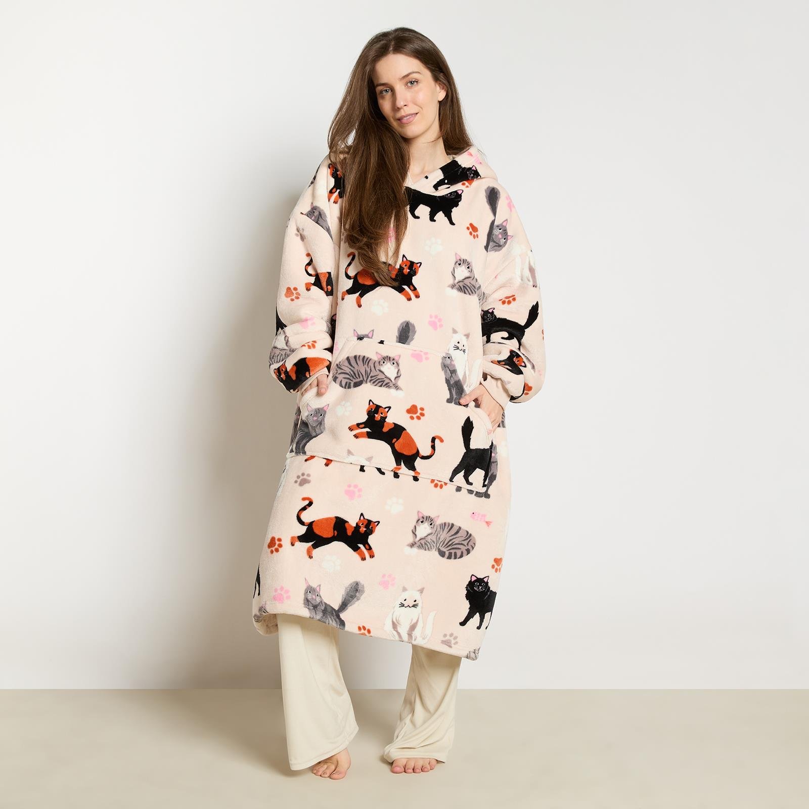 OHS Cat Print Hoodie Blanket - Extra Long - Beige