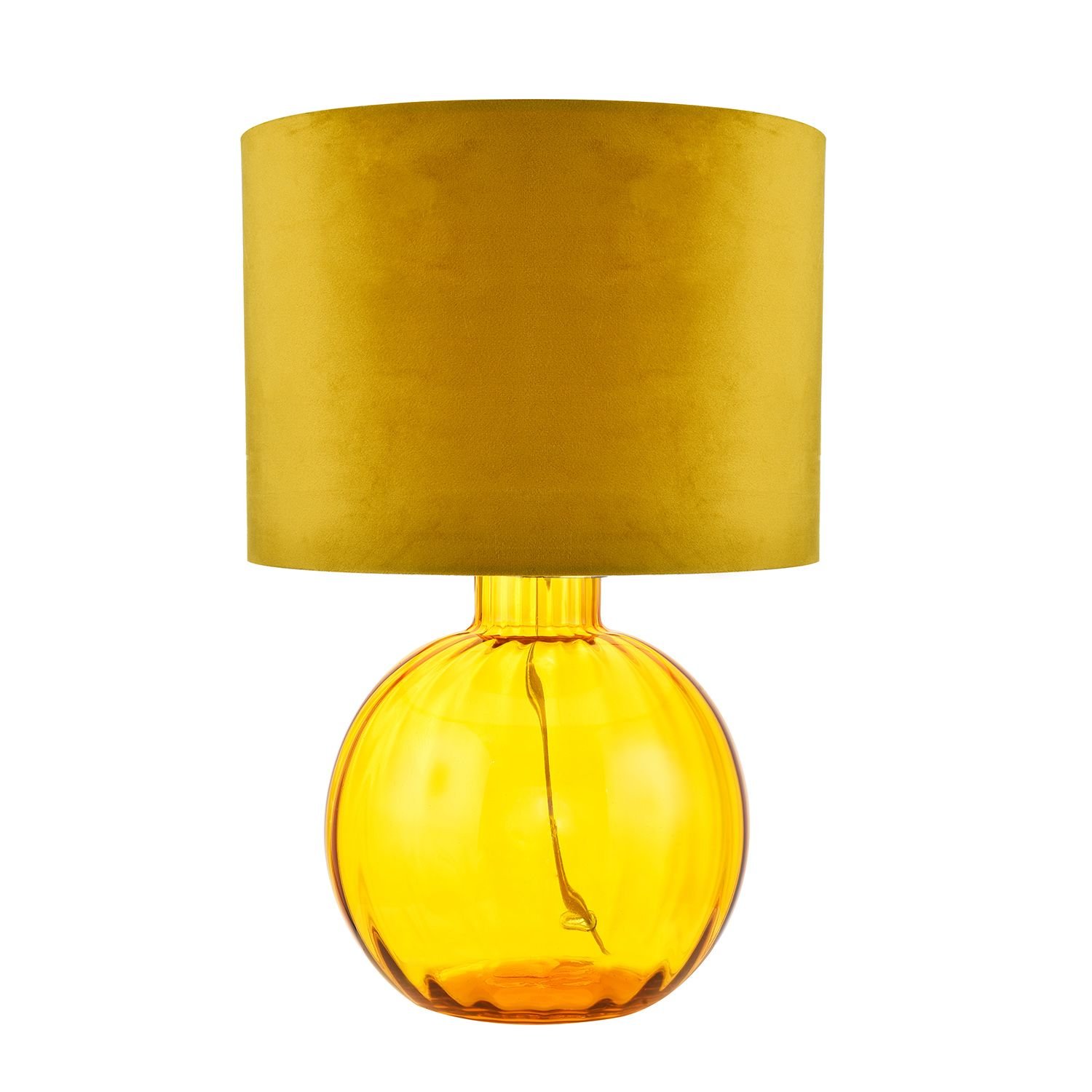 Happy Homewares Ochre Ribbed Glass with Soft Velvet Mustard Table Lamp - 28cm