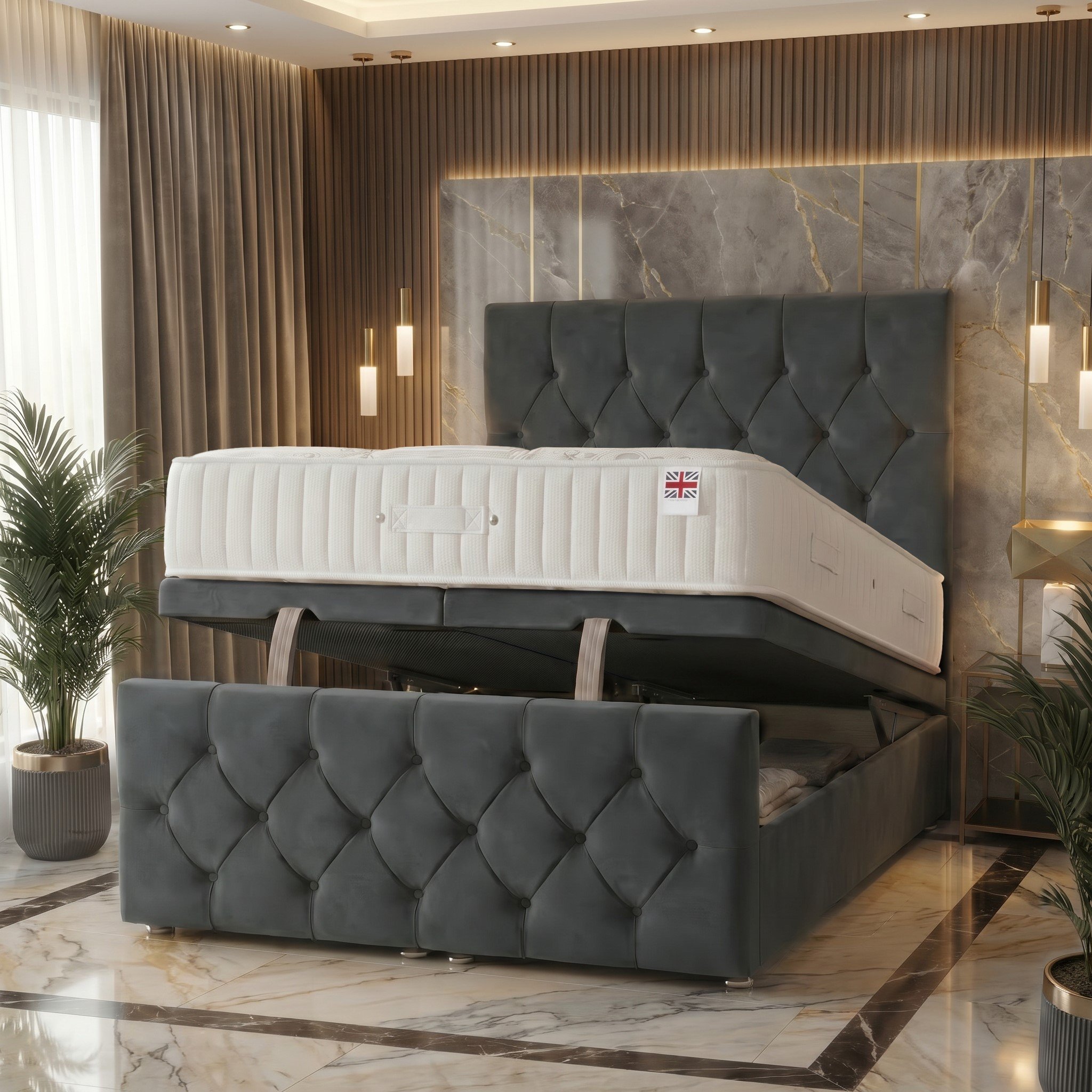 Somnior Chester Velvet Small Single Ottoman Bed with Ortho Mattress - Charcoal