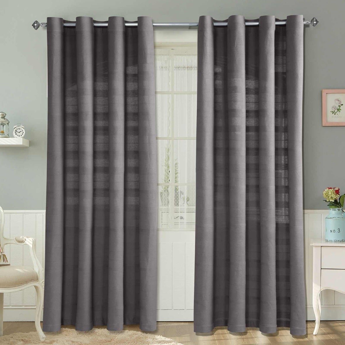 Homescapes Charcoal Grey Cotton Rajput Ribbed Curtains - 167cm x 182cm
