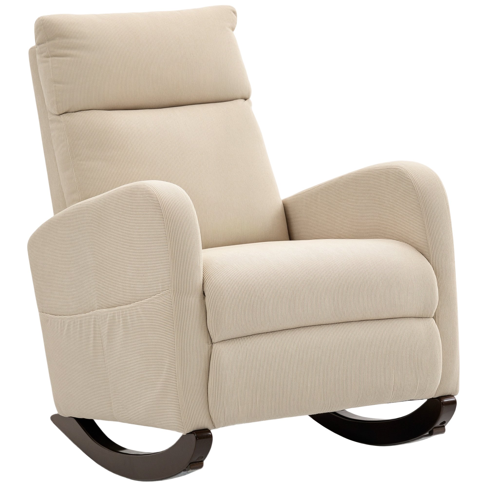 HOMCOM Corduroy Rocking Armchair with Side Pockets and Solid Wood Legs - Beige