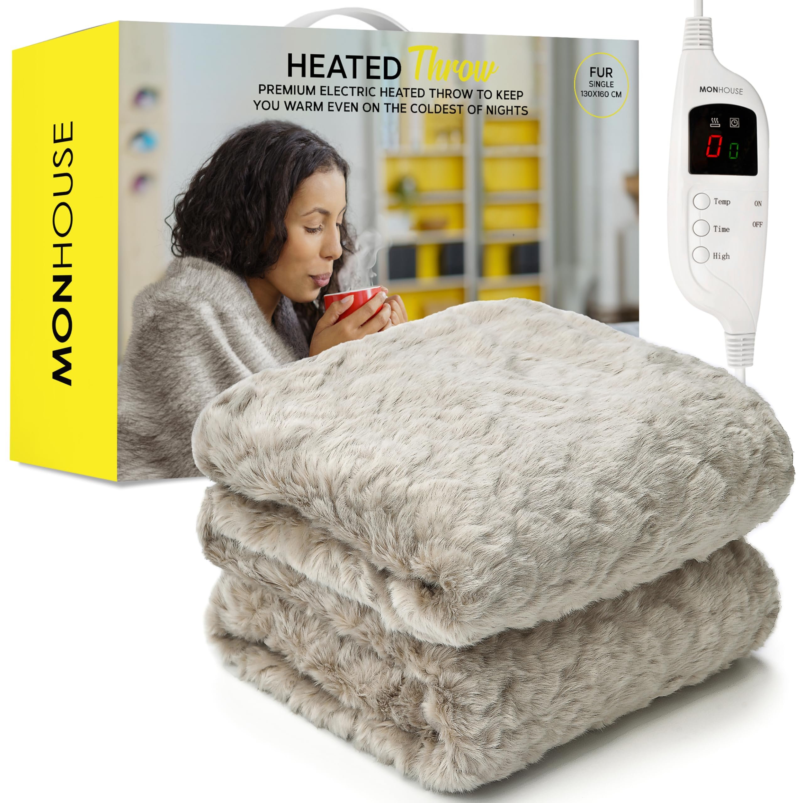 MONHOUSE Heated Electric Throw with 9H Timer & 9 Heat Setting Blanket - Cream