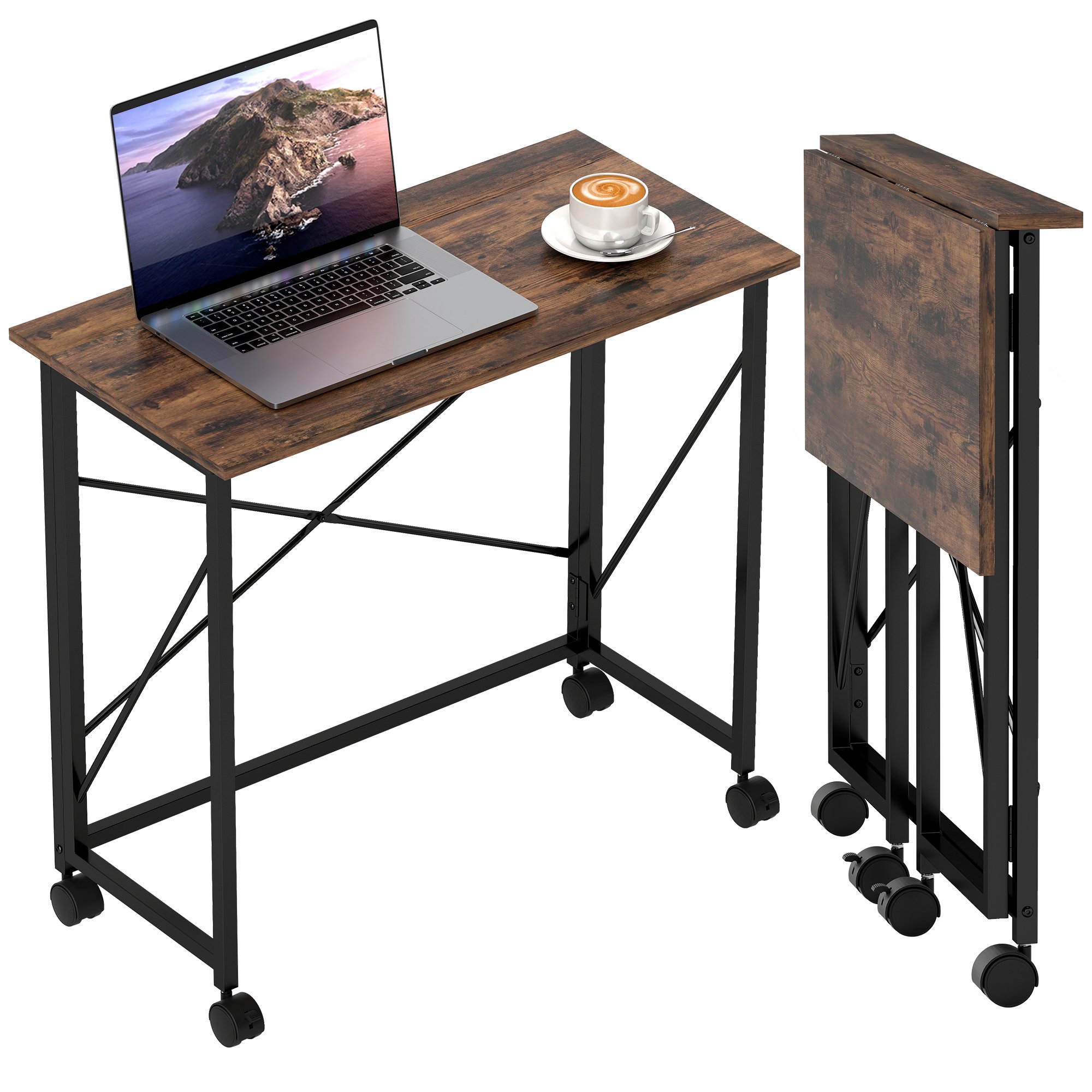 HOMCOM Mdf Foldable Computer Desk with Wheels - Rustic Brown