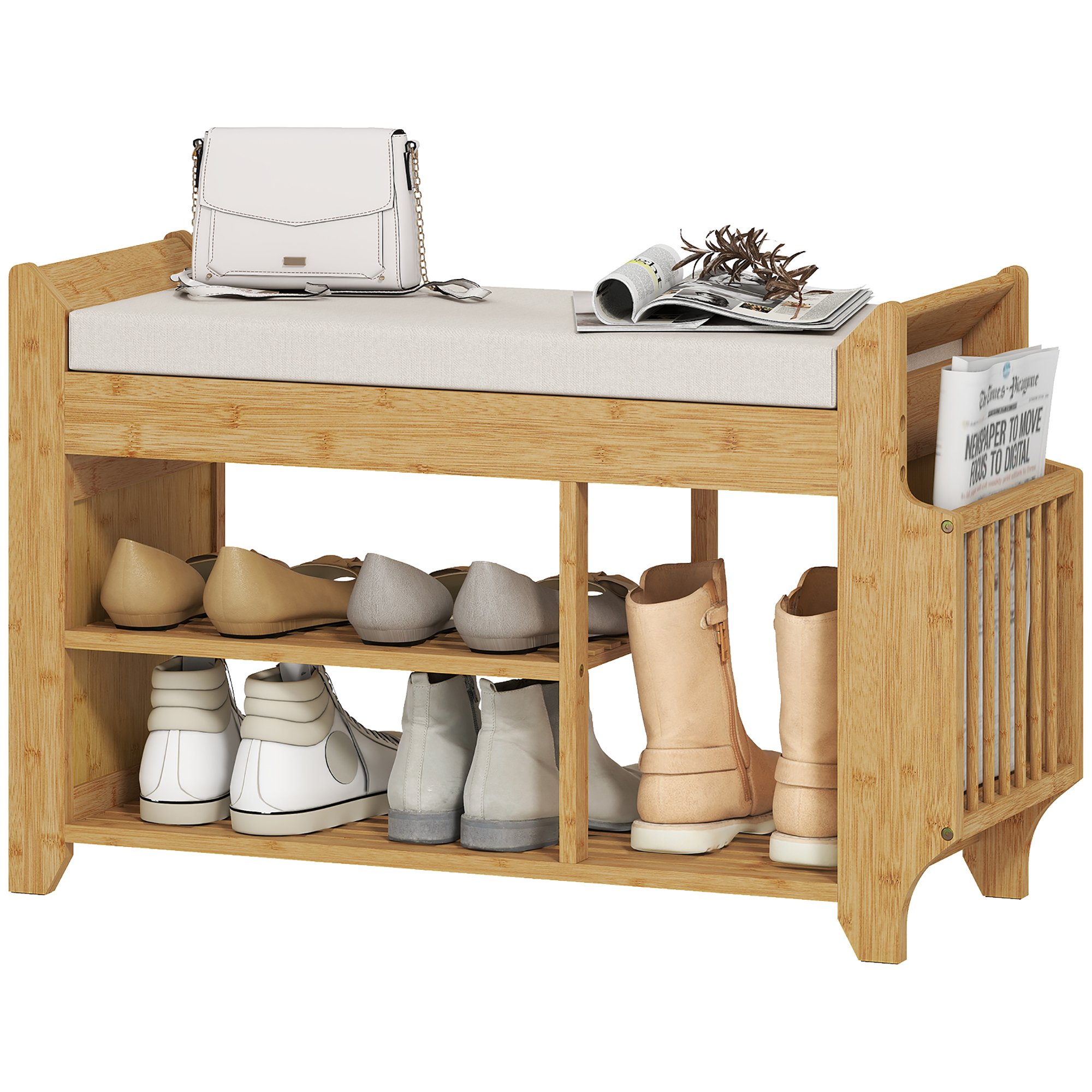 HOMCOM 2-Tier Bamboo Shoe Bench with Side Holder - Natural and Cream