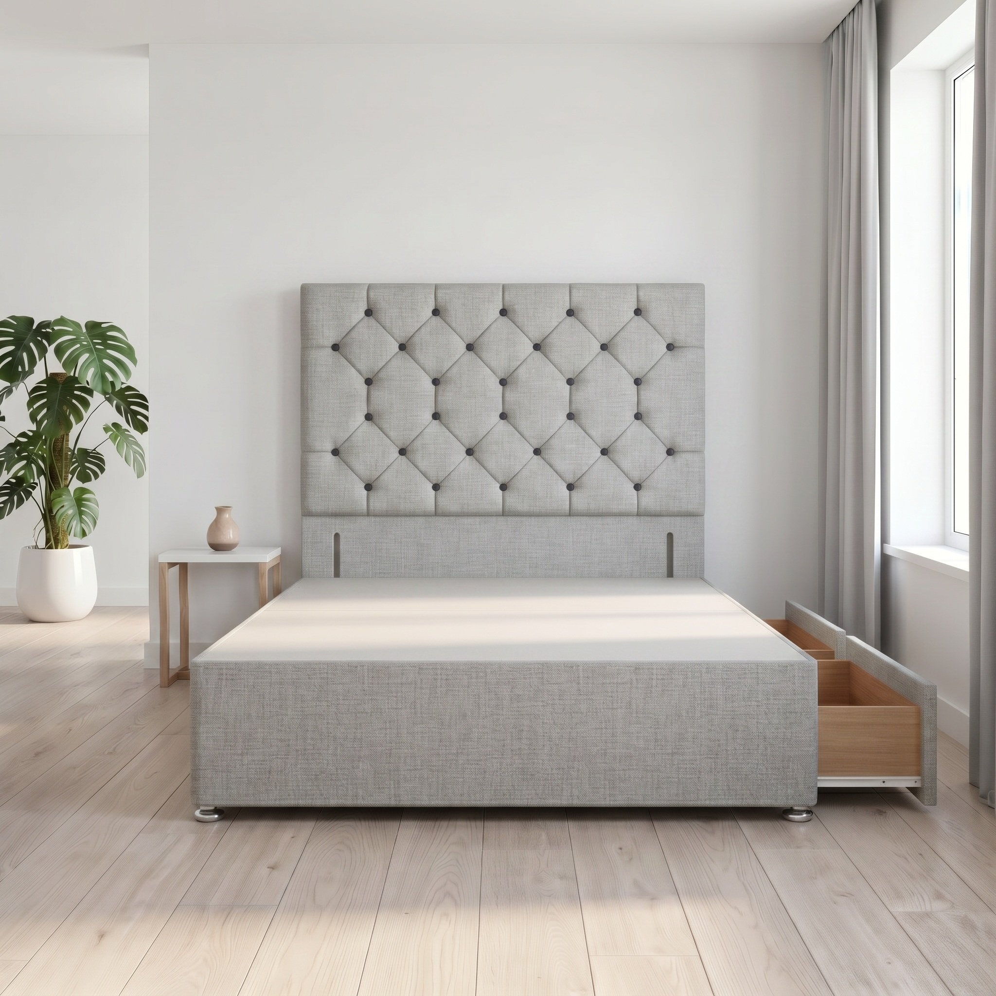 Somnior Diamante Linen 4FT Small Double 2 Drawer Divan Bed Base - Light Grey
