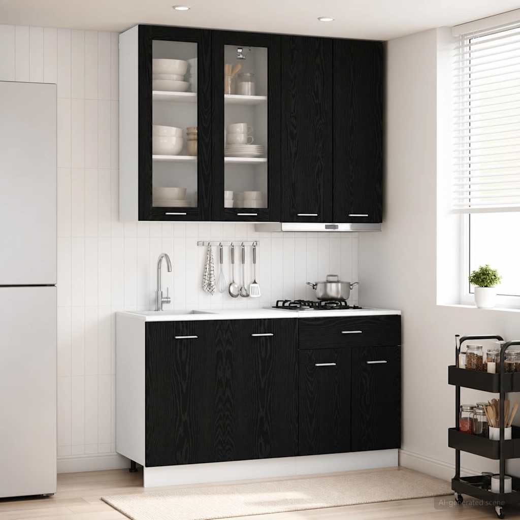 Walplus 4 Piece Engineered Wood Kitchen Unit Set - Black Oak