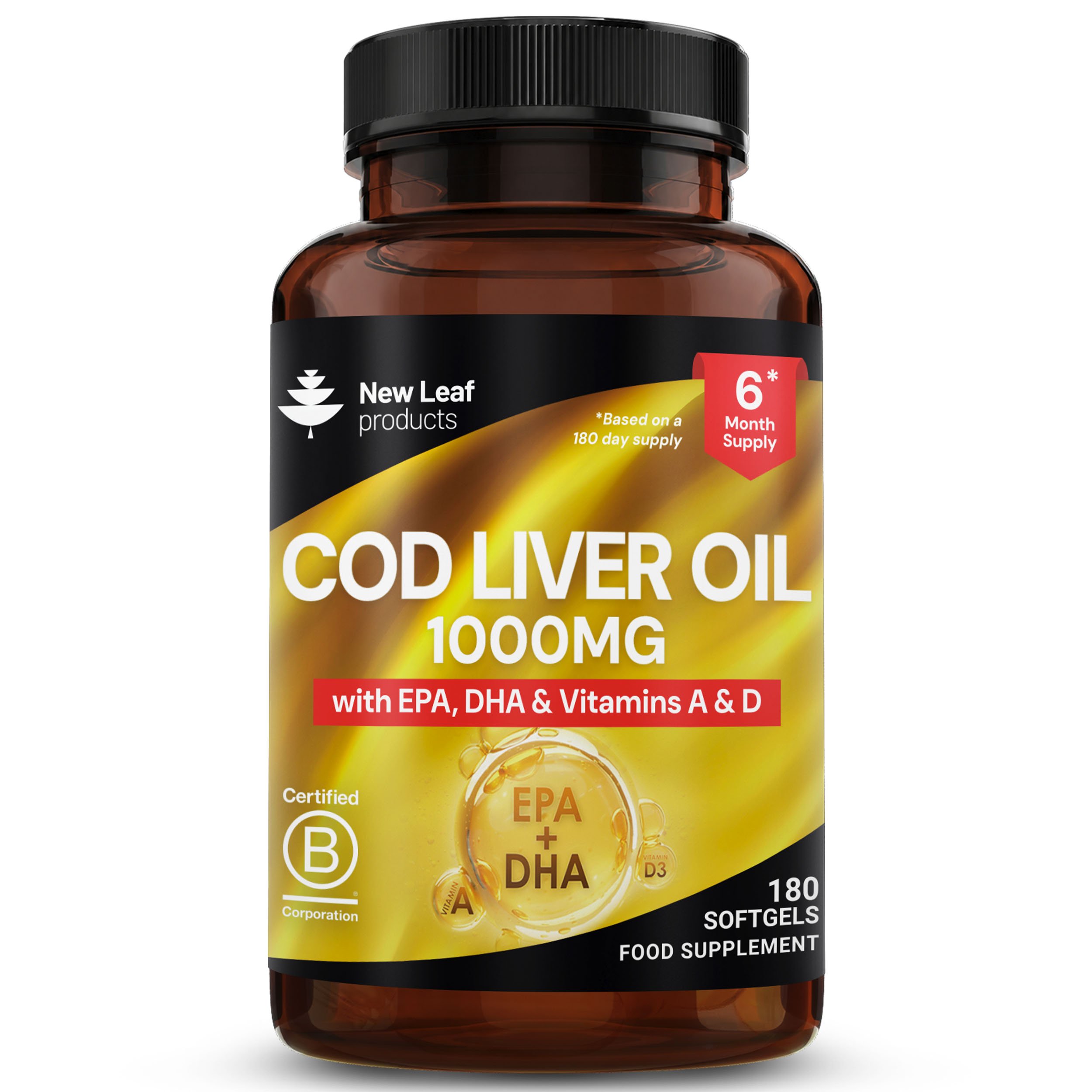 New Leaf Cod Liver Oil With Omega 3 EPA DHA 1000mg Vitamins - 180 Softgels