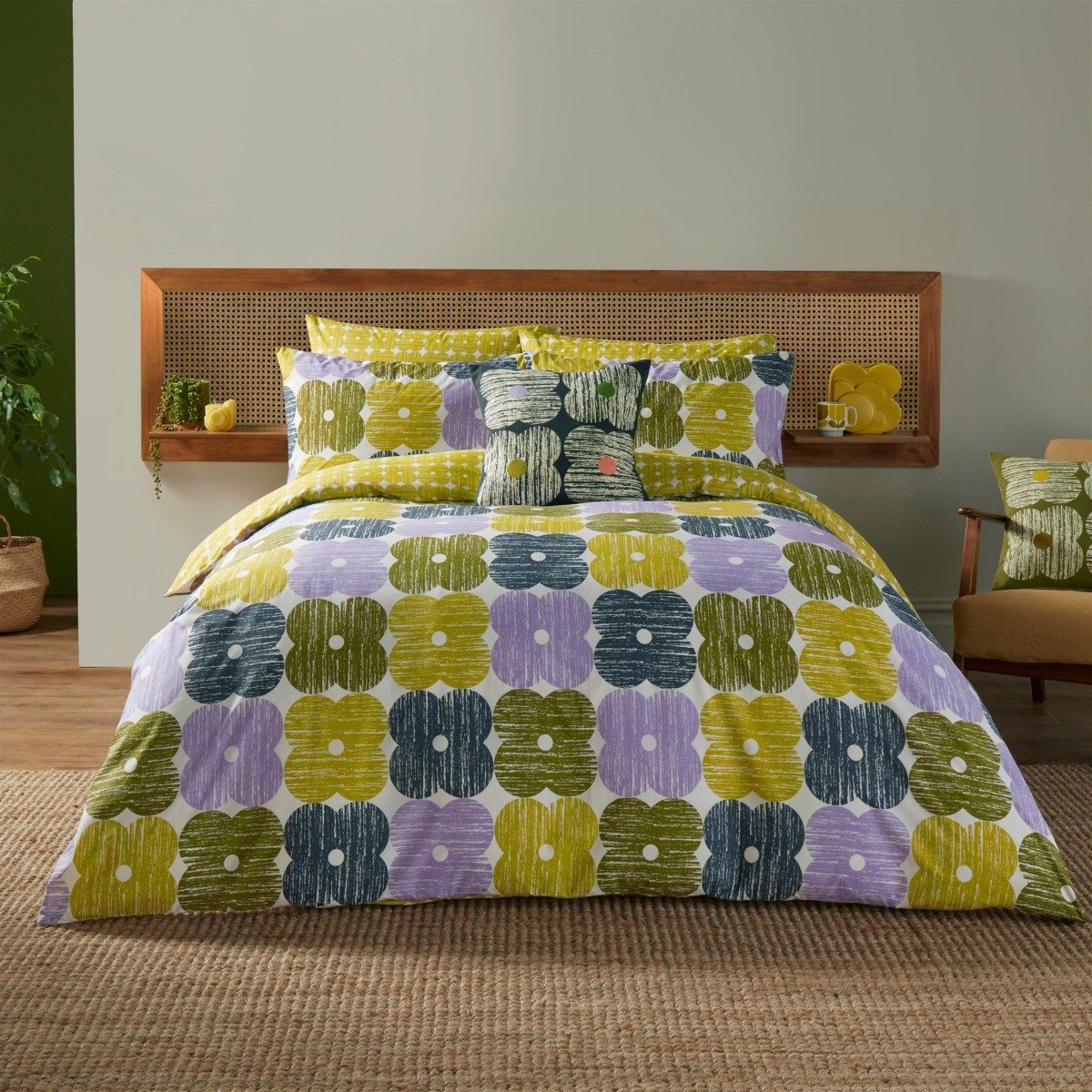 Orla Kiely Textured Flower Moss Green Duvet Cover Set - Double